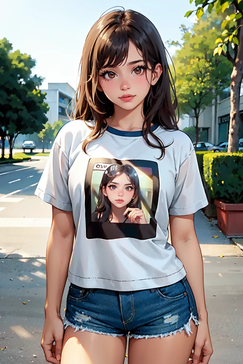 a photograph of (1girl, 19 years old, slight smile)>,<lora:ZH_Emikukis_v1:0.9>, zh_emikukis, solo, realistic, brown eyes, looking at viewer, wearing (t-shirt and denim shorts)