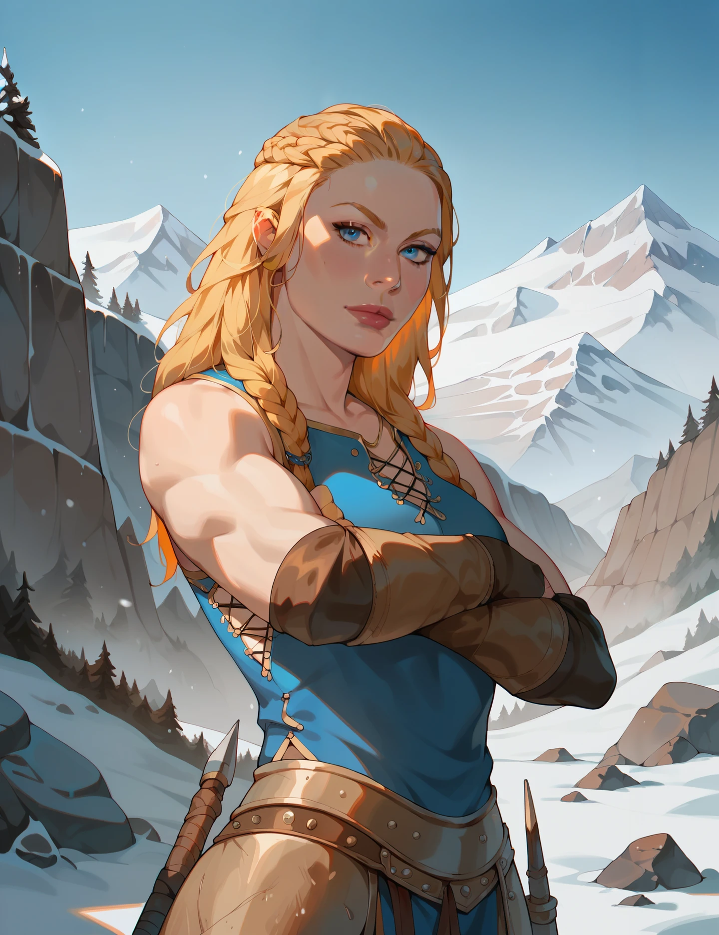 2d art, masterpiece, digital art <lora:LaufeyGOWR:0.7> l4ufey,1girl, blue eyes, sleeveless, athletic, power pose, from below, viking warrior, mountains background, snow <lora:incase-ilff-v3-4:0.4> <lora:g0th1cPXL:0.4> g0th1cpxl, score_9, score_8_up, score_7_up, score_6_up