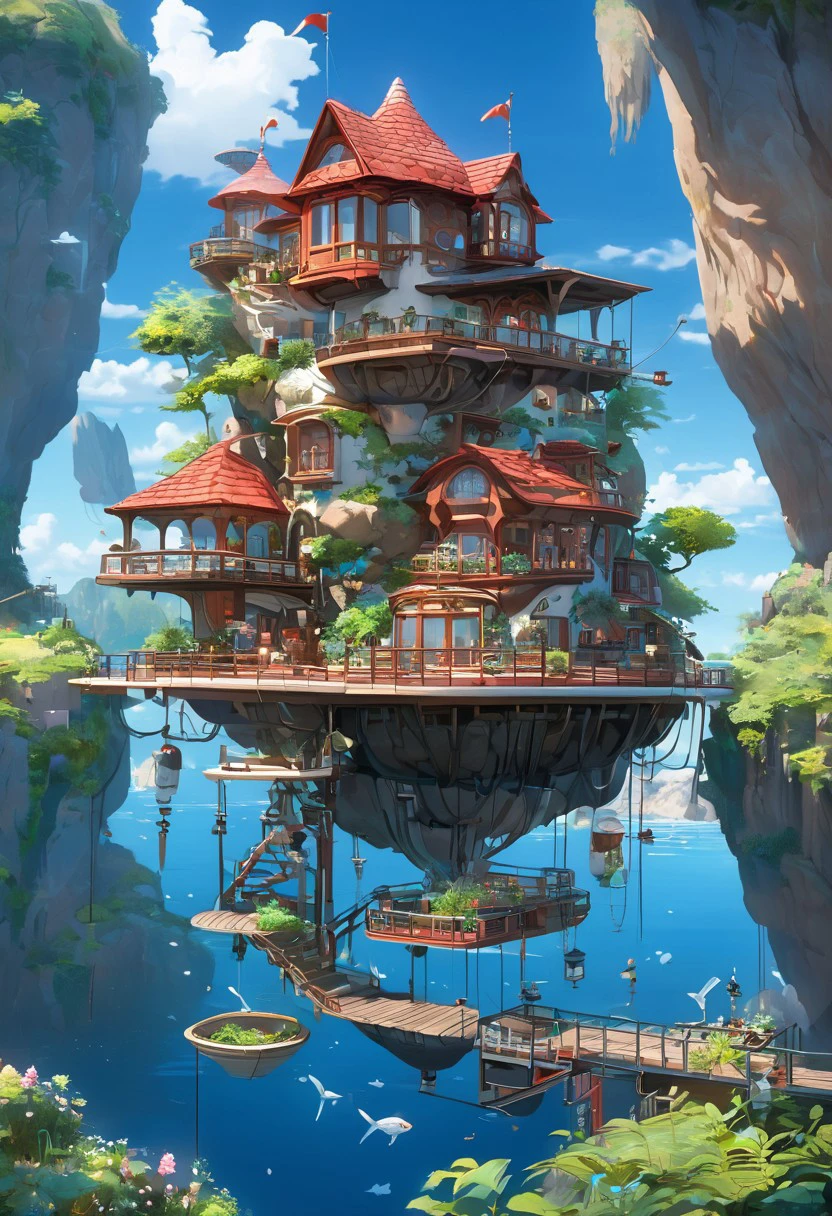 the image showcases a whimsical and intricately designed house that appears to be floating above the water. the house has multiple levels, with a prominent red-tiled roof, multiple windows, and various decorative elements. there are antennas, a satellite dish, and other technological devices attached to the house. the house is surrounded by a deck with seating, plants, and a table. below the house, there's a large rock formation that supports the house. the backdrop is a serene blue sky with fluffy white clouds.