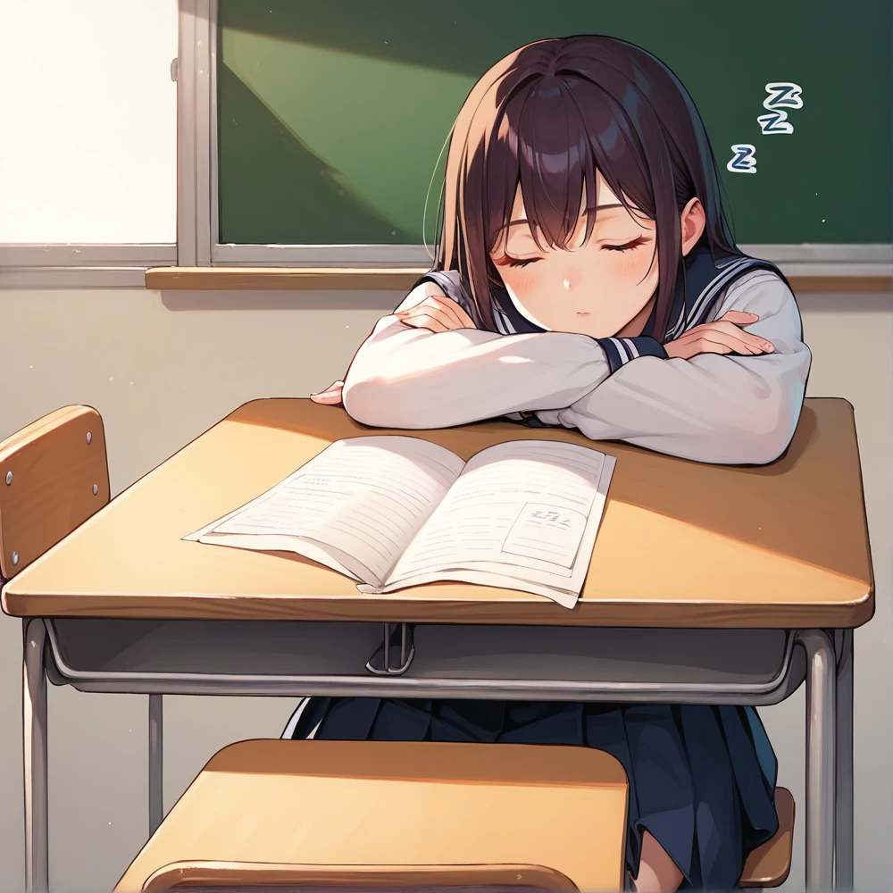 score_9, score_8_up, score_8, score_9, 1 girl,  source_anime, eyes closed, zzz, sleeping, <lora:zzz_pony-10:0.8>, school uniform, classroom desk