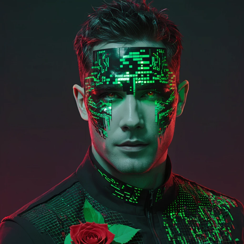 concept art half body photo of l4k3m4c a man,with red and green makeup, datamoshing, behance favourite, neural networks, vhs static, cyberpunk cyborg. roses, torn mesh, glitch, glitched out, distorted image, looking at camera,  <lora:lukemacfarlane:1> . digital artwork, illustrative, painterly, matte painting, highly detailed