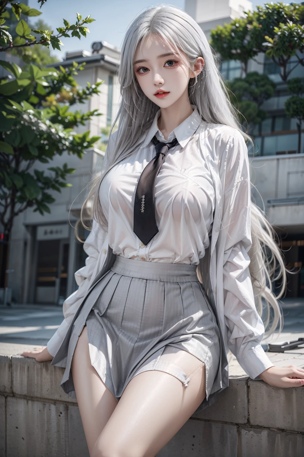 masterpiece,best quality,1girl,solo,upper body,hips up,long white hair,school uniform,shirt,grey skirt,huge breasts,outdoor,<lora:more_details:0.3>,<lora:FN:0.6>,