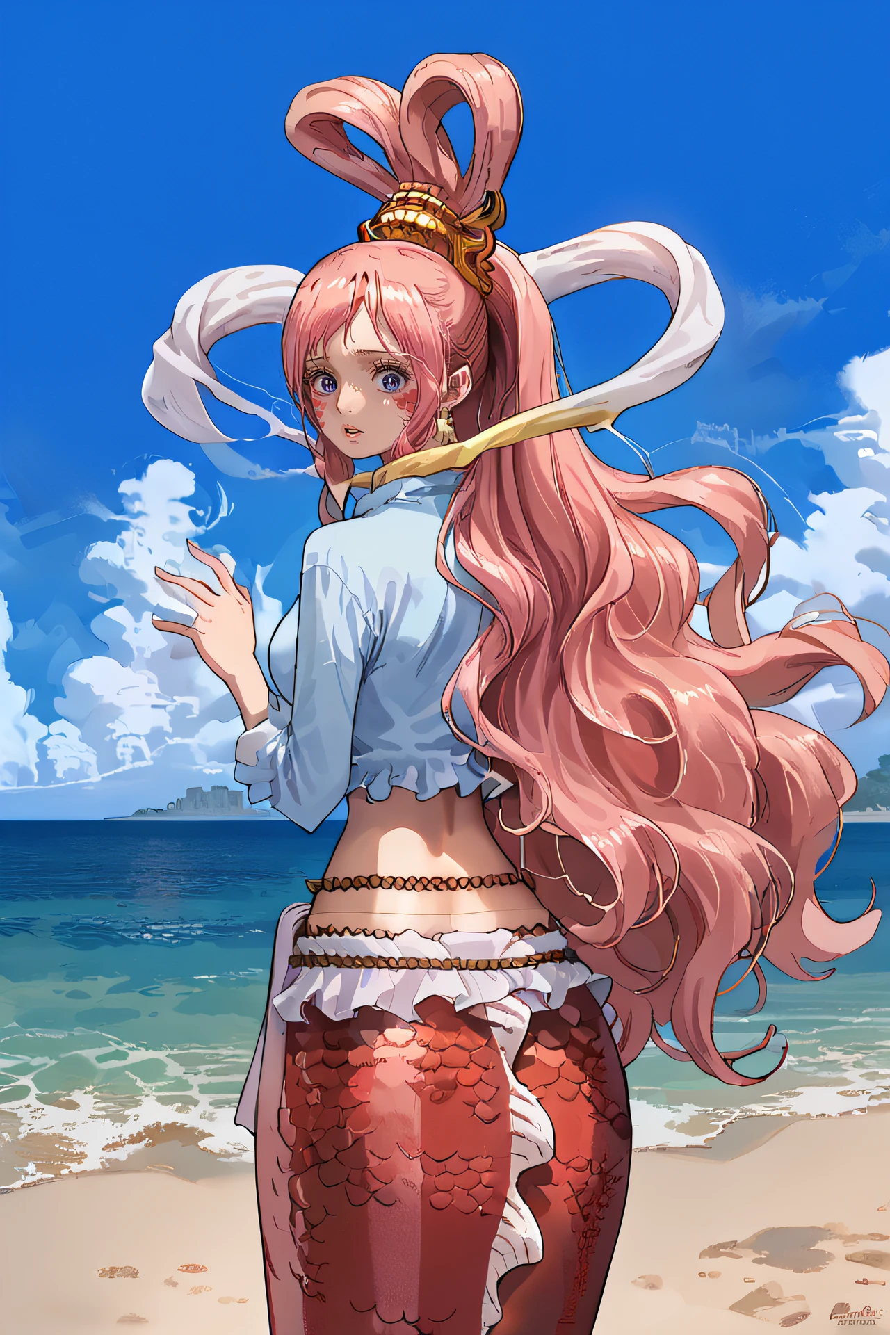 score_9, score_8_up, source_anime,
shirahoshi, very long hair, pink hair, hair rings, hair ornament, mermaid, scales,
reverie shirt, hagoromo, loincloth,
standing, from behind, surprised, looking at viewer, beach,
<lora:Smooth Style 2 SDXL_LoRA_Pony Diffusion V6 XL:0.8> <lora:shirahoshi:1>