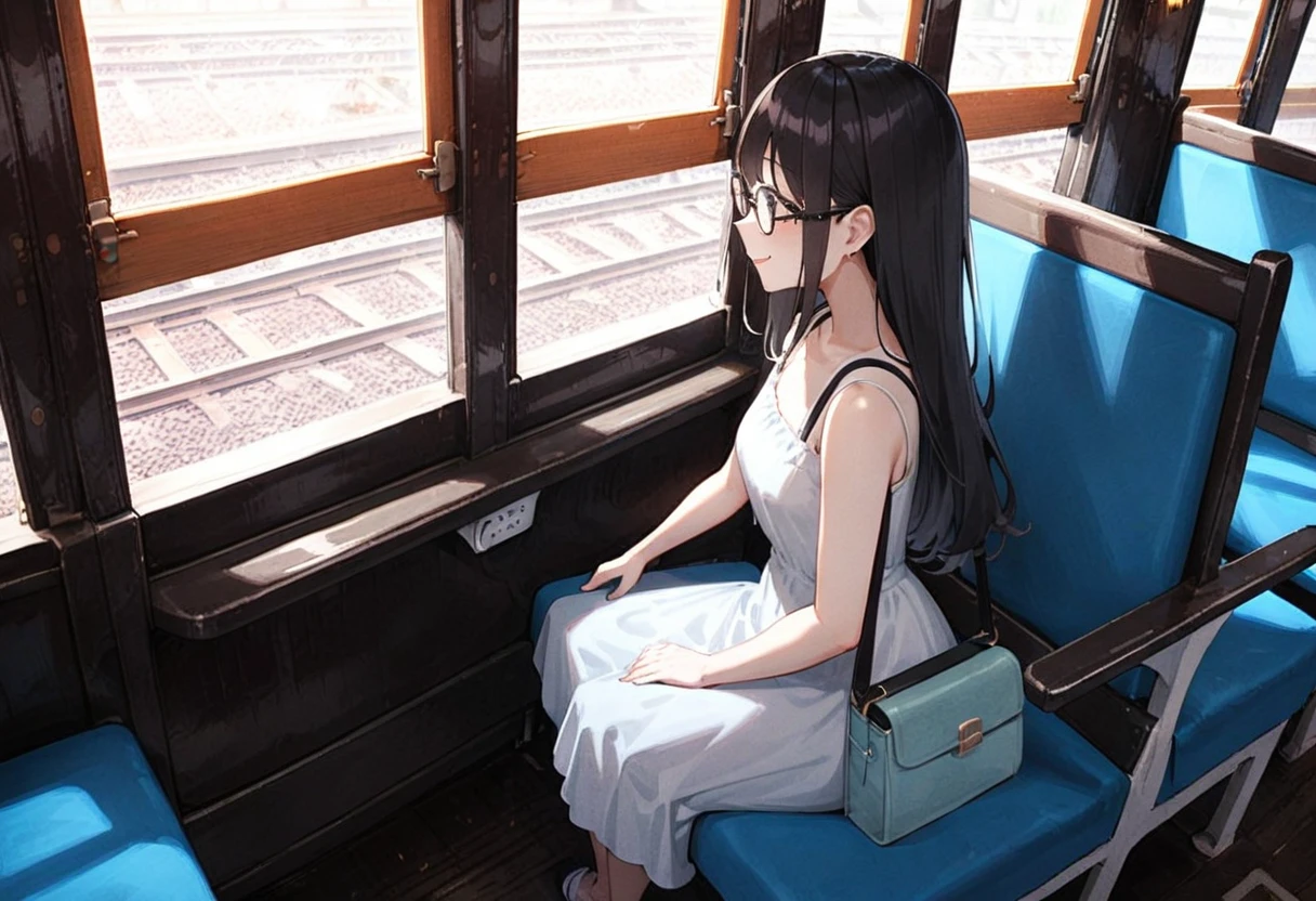 masterpiece, best quality, very aesthetic, absurdres,
1girl, solo, glasses, black hair, long hair, sundress, white dress, straw hat, bag, sitting, smile, looking at another, solo focus, from side,
oha35w, train interior, scenery, chair, sunlight, window, day, indoors,
<lora:oha35w_SDXL_V2:0.8>