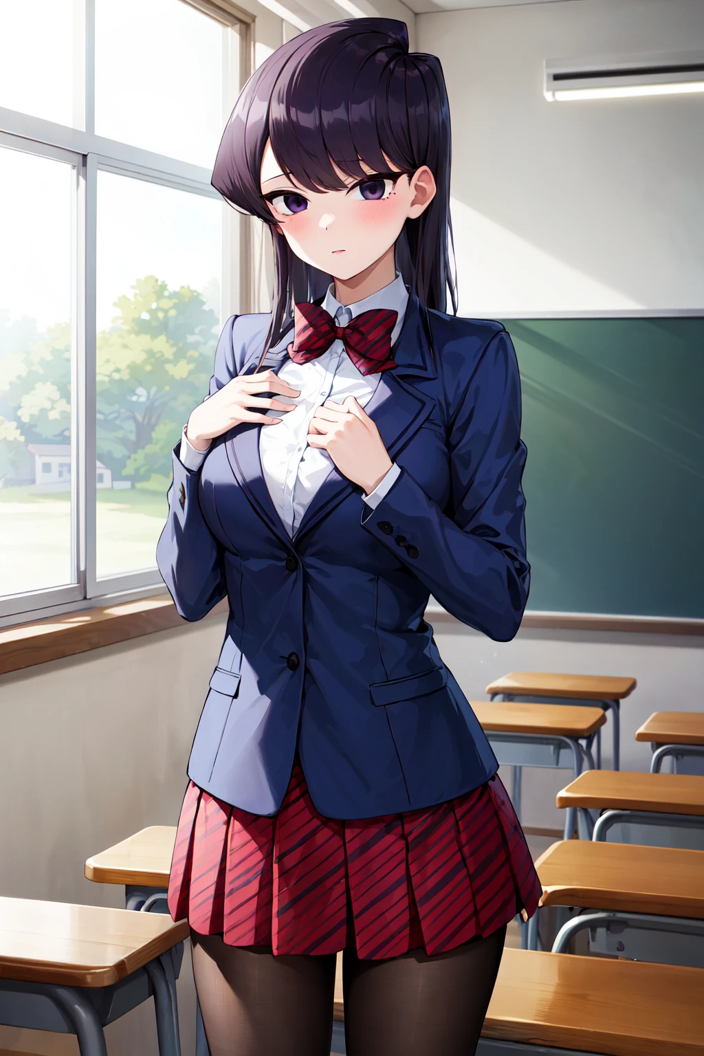 masterpiece, best quality, highres, aashouko, long hair, breasts, school uniform, striped bowtie, red bowtie, blazer, blue jacket, long sleeves, pleated skirt, striped skirt, red skirt, black pantyhose, <lora:komi_shouko_v1:0.7>, classroom, standing, cowboy shot, hands on own chest,