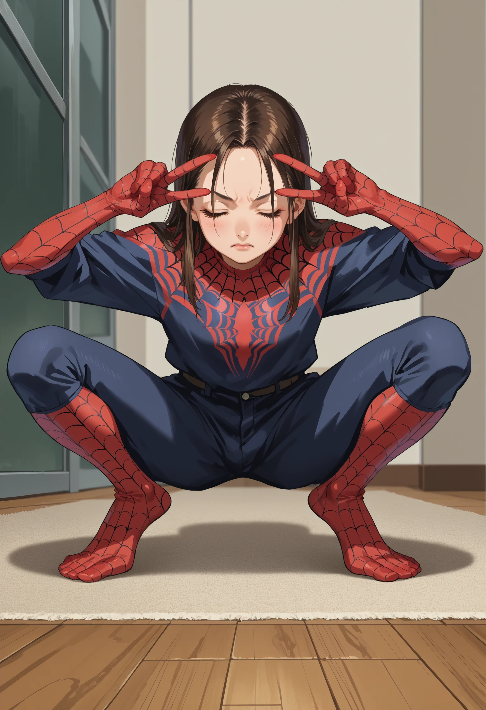 score_9, score_8_up,score_7_up, source_anime, 1girl, solo,
bivgtsav, hands on own face,
<lora:VctryVsgDbl_pdxl_EliPot:1> 
 closed eyes, squatting, on floor, spider-girl, anime screencap,