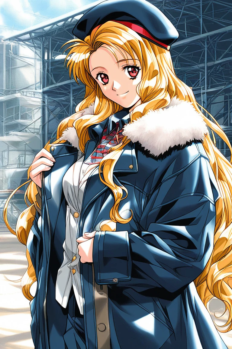 score_9, score_8_up, score_7_up, source_anime, rating_explicit, BREAK  <lora:Maijima_Karen_XL:1>
MaijimaKaren, long hair, blonde hair, breasts, red eyes,very long hair,
 1girl, solo,  hat, beret, smile, jacket, outdoors, coat, idol,
stage, studio,