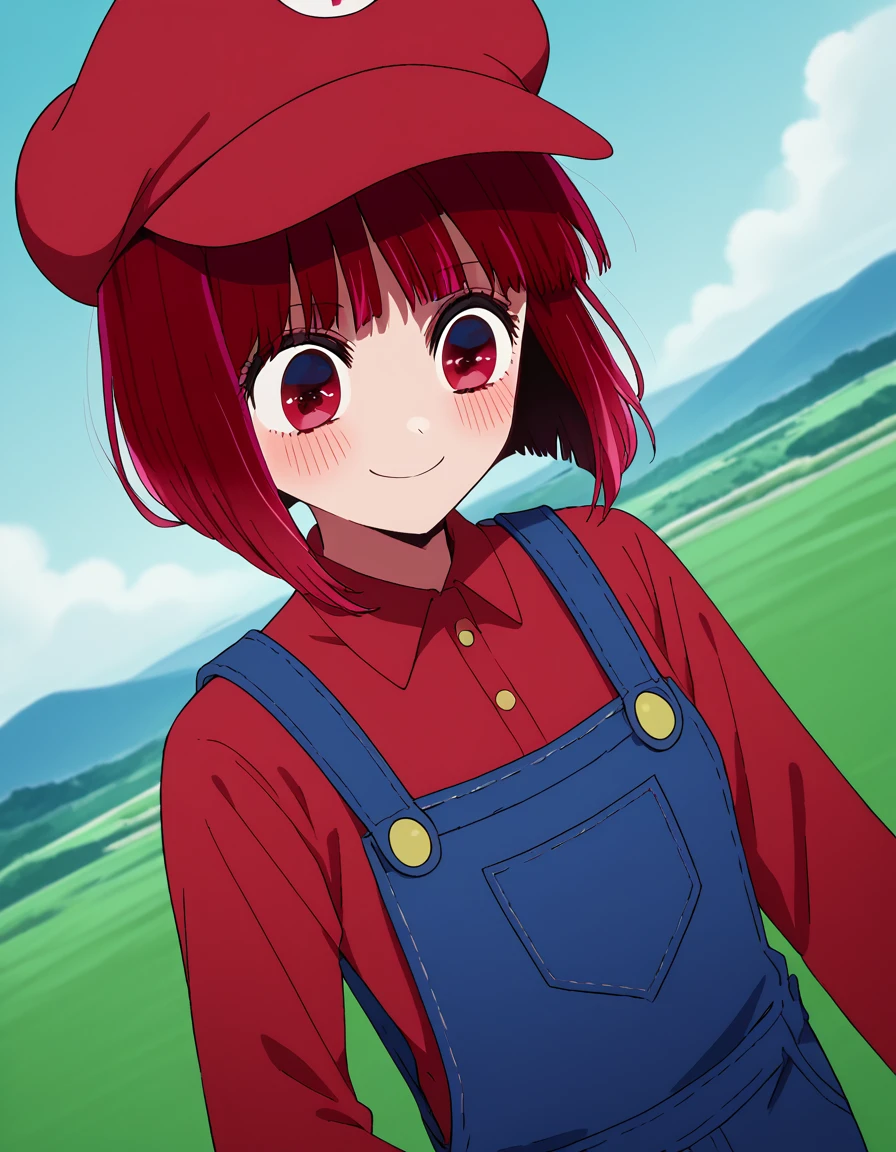 score_9, score_8_up, score_7_up, source_anime, kanaarima, <lora:kana-arima-s1-ponyxl-lora-nochekaiser:1>, kana arima, short hair, bangs, red eyes, red hair, bob cut,, <lora:mario-cosplay-ponyxl-lora-nochekaiser:1>, mariocosplay, mario \(cosplay\), blue overalls, overalls, shirt, red shirt, long sleeves, collared shirt, hat, red hat,, landscape, blush, smile,, cowboy shot, dutch angle, solo,