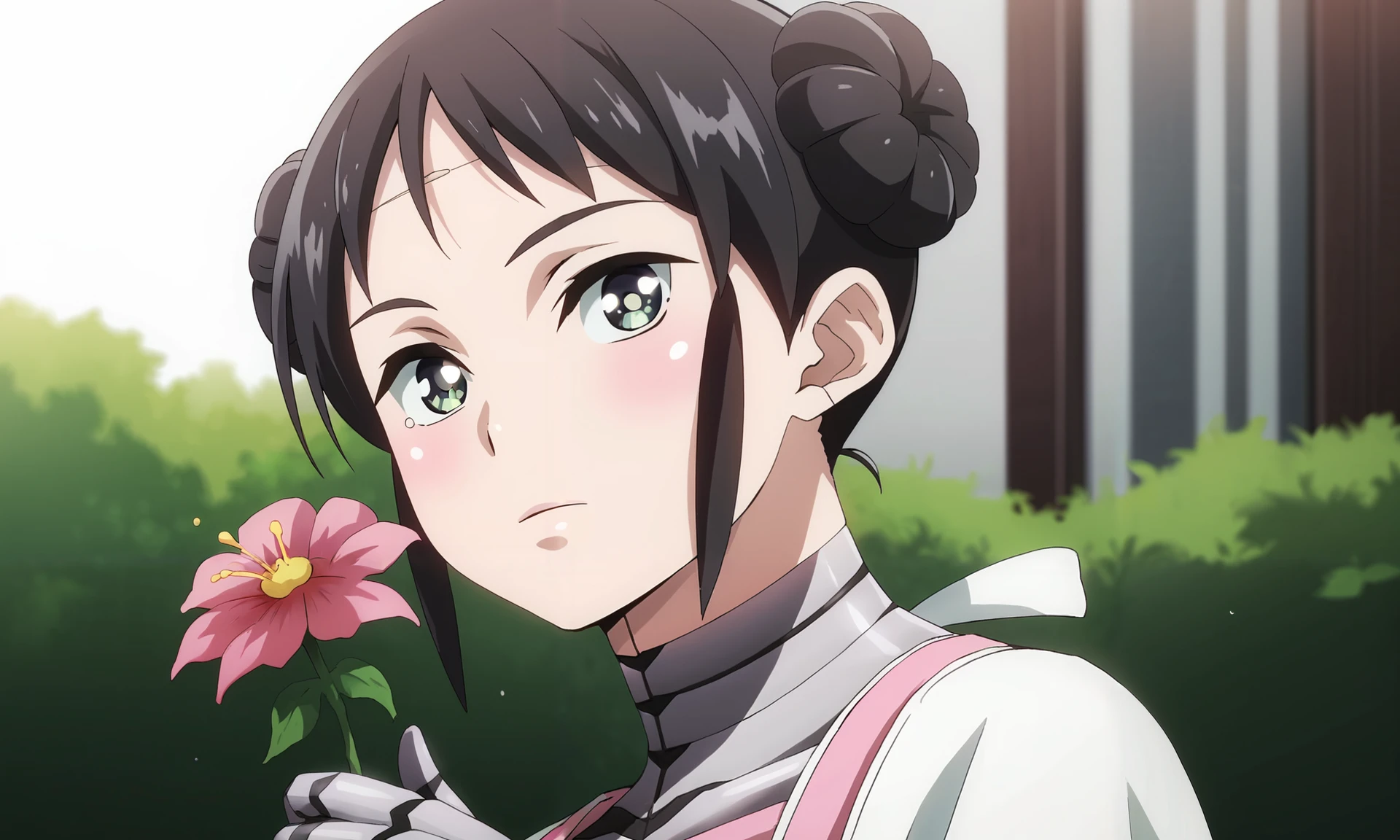 score_9, score_8_up, score_7_up, source_anime, zPDXL2, 1girl, hara \(harayutaka\) BREAK
 <lora:mina:1> mina_wz, green eyes, eyelashes, black hair, double bun, hair bun, short hair, sidelocks, closed mouth, expressionless, android, pink dress, apron, white kappougi, black pantyhose, robot, mechanical parts, mechanical arms, long sleeves BREAK
expressionless, upper body, holding flower, flower, hair flower, outdoors, garden, day, looking at viewer,