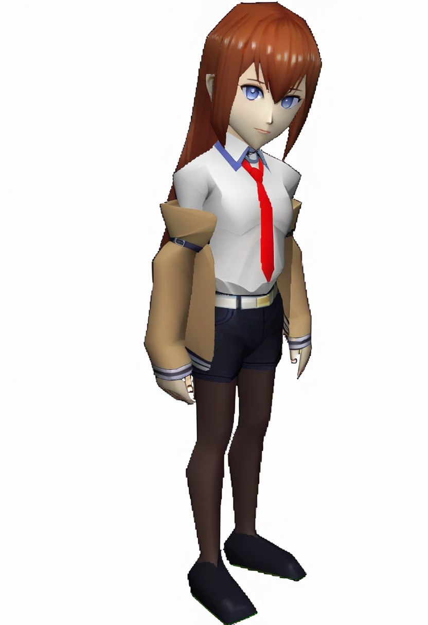 score_9, score_8_up, score_7_up, source_anime BREAK 1girl, solo,
<lora:zs_N64ZeldaStyleXL:1> n64zeldastyle, 3d, polygonal, white background, full body
<lora:steinsgate_makise_ponyXL:1> makise kurisu, brown jacket, off shoulder, white shirt, red necktie, black shorts, pantyhose, legwear under shorts, white belt