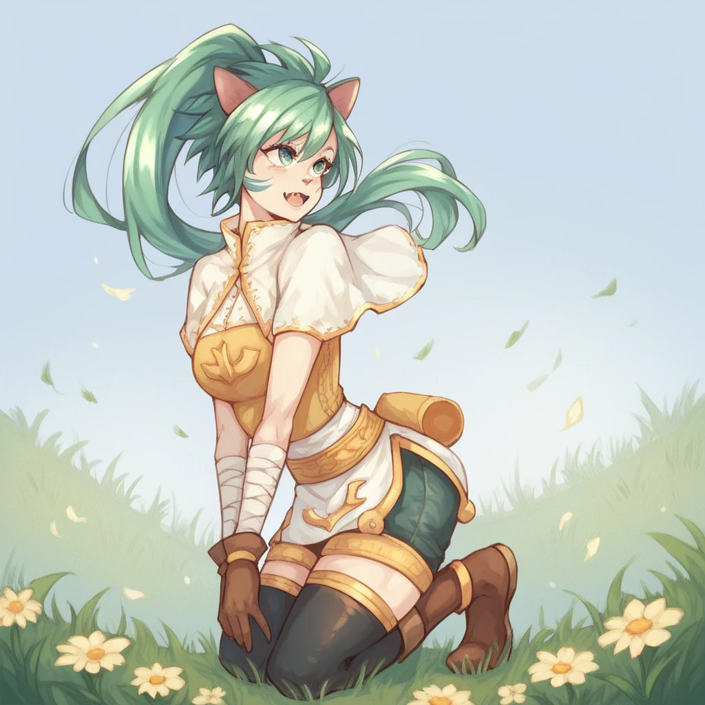 <lora:felis:1>, score_9, score_8_up, score_7_up, Ponytail, gloves, capelet, thigh-high socks, fang,  full body, milf,  half-open eyes, eyes up, 
kneeling, side view
 blue sky, grass, outdoors, wild flower,