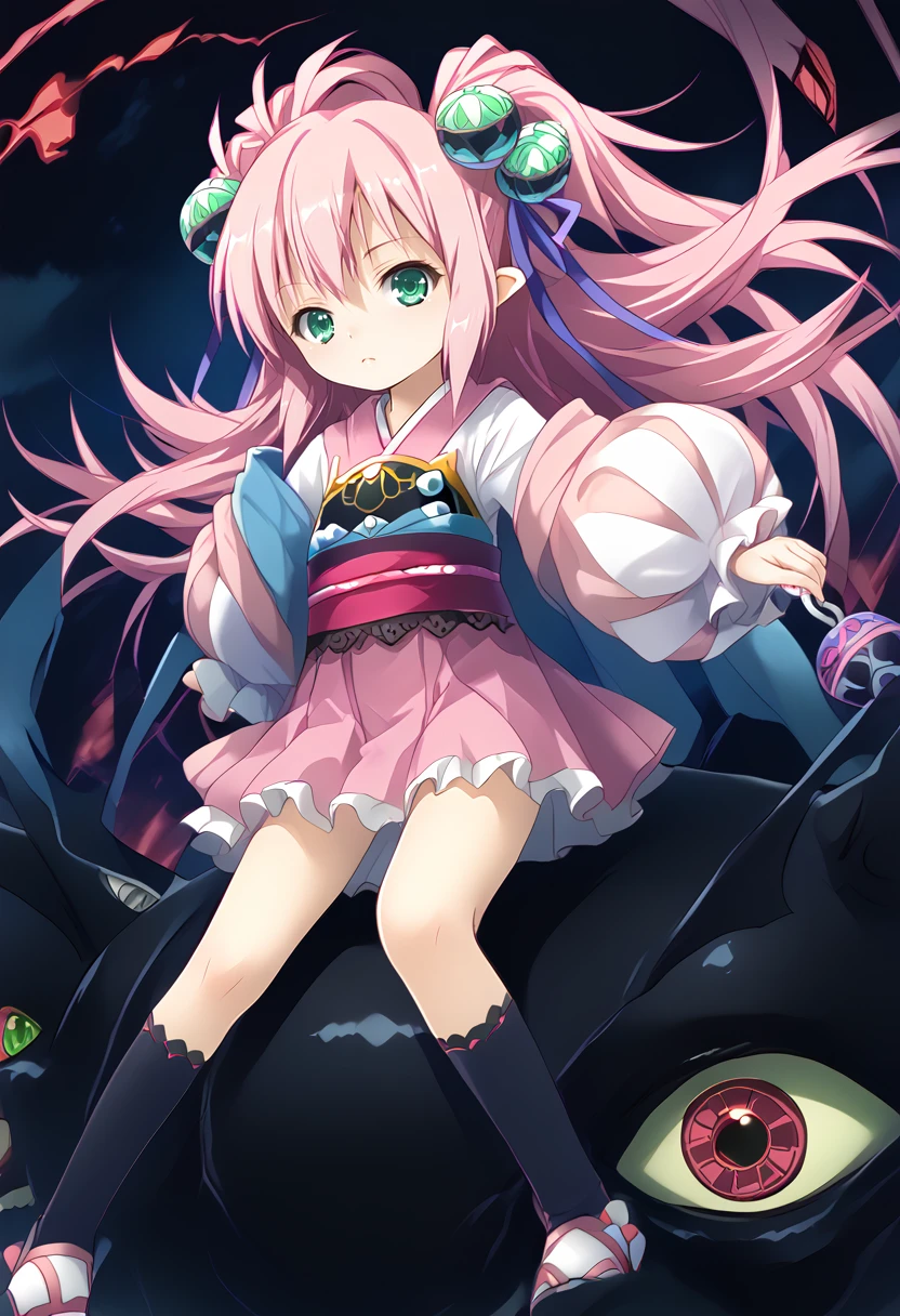 <lora:IUMARI_Pv1:1>, iumari, 1girl, green eyes,  ride monster, pink hair, japanese clothes, pink costume, <lora:BKBERK_Pv1:1>, bkbead, one-eyed, black monster,