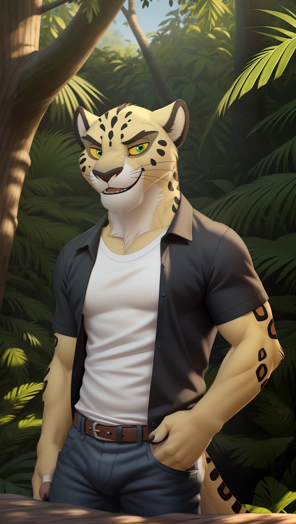 Solo <lora:2D121D407D:0.7> anthro, leopard, Makucha, male, yellow sclera, green eyes, realistic fur, realistic, photorealistic, ultra-realistic, 4k, green, sleepy, perfect hands, by zackarry911, by zaush,(insanely detailed, masterpiece, realistic, realistic fur, best quality),  (by personalami:0.7) (maple story:0.8),solo, looking at viewer, smile, shirt, 1boy, jungle, trees , male focus, belt, pants, black shirt, denim, jeans,