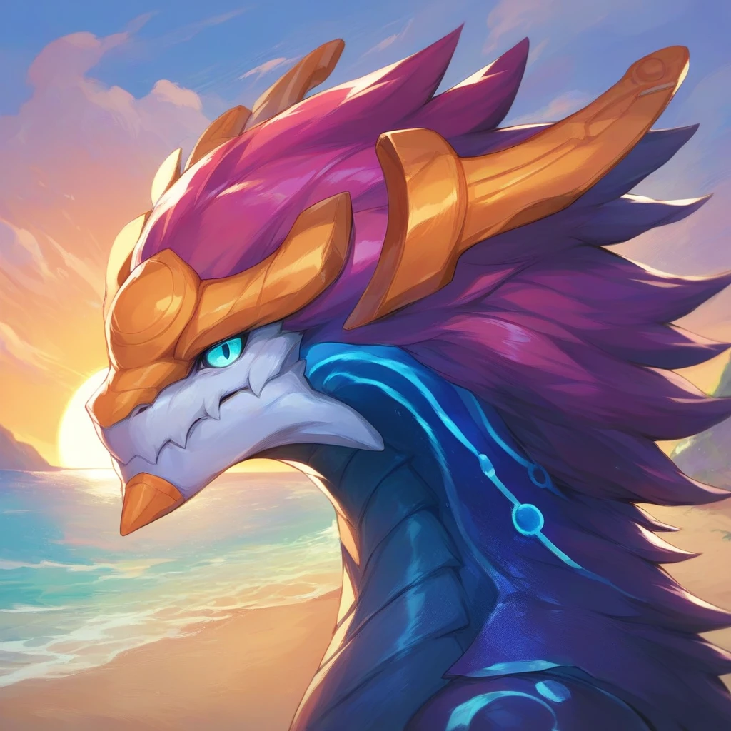 score_9, score_8_up, score_7_up, score_6_up, score_5_up, eastern dragon, aurelionsol, 8rj, [hair, headgear, anthro], solo, looking at viewer, beach, outside, sunset, side view, detailed, landscape, half-length portrait