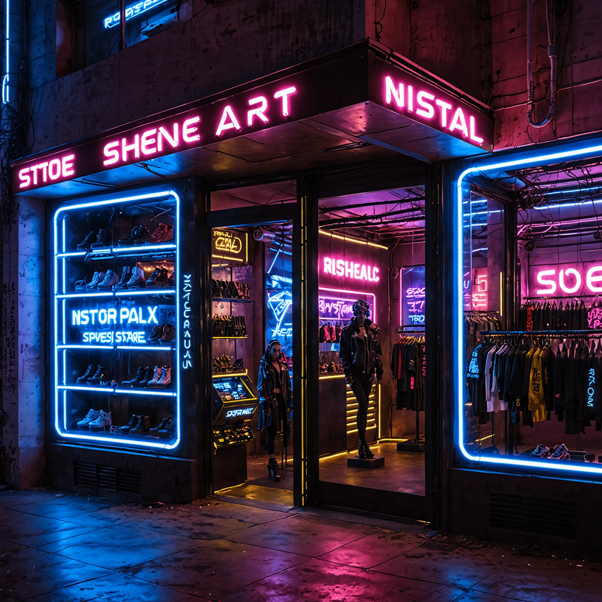 <lora:storefront_XL:0.5>,storefront,cyberpunk's hip-hop clothing store,neon lights,future of science and technology,mechanical arts,cyberpunk style,science fiction film,end of the world,