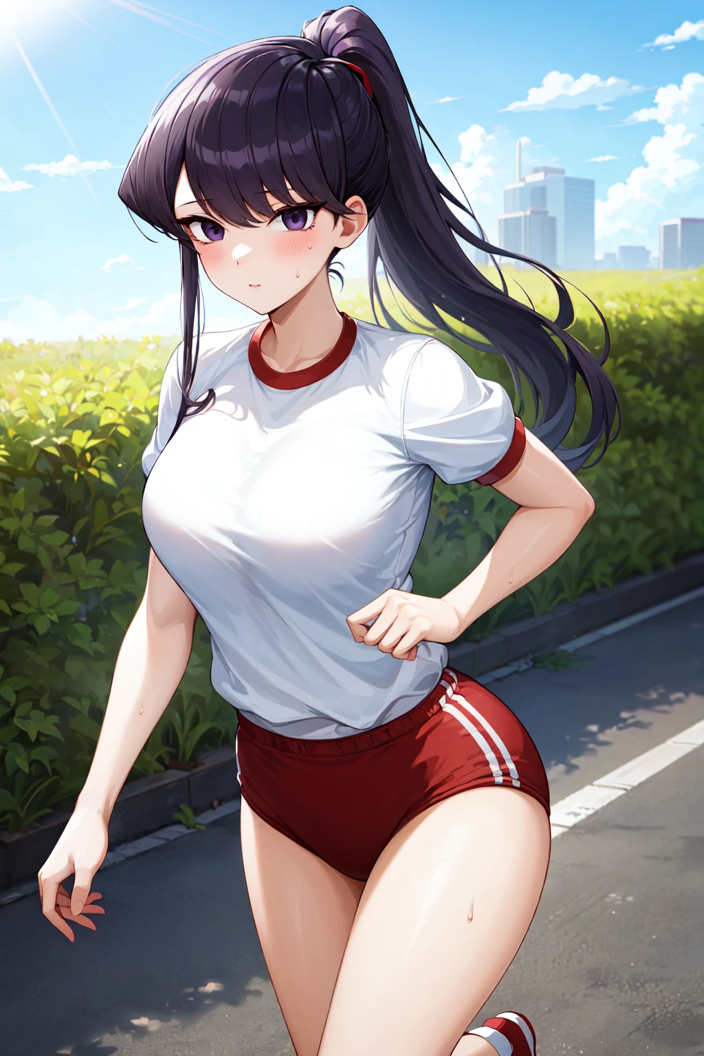 masterpiece, best quality, highres, aashouko, long hair, ponytail, breasts, gym uniform, gym shirt, white shirt, short sleeves, red buruma, <lora:komi_shouko_v1:0.7>, outdoors, running, sweat, cowboy shot,