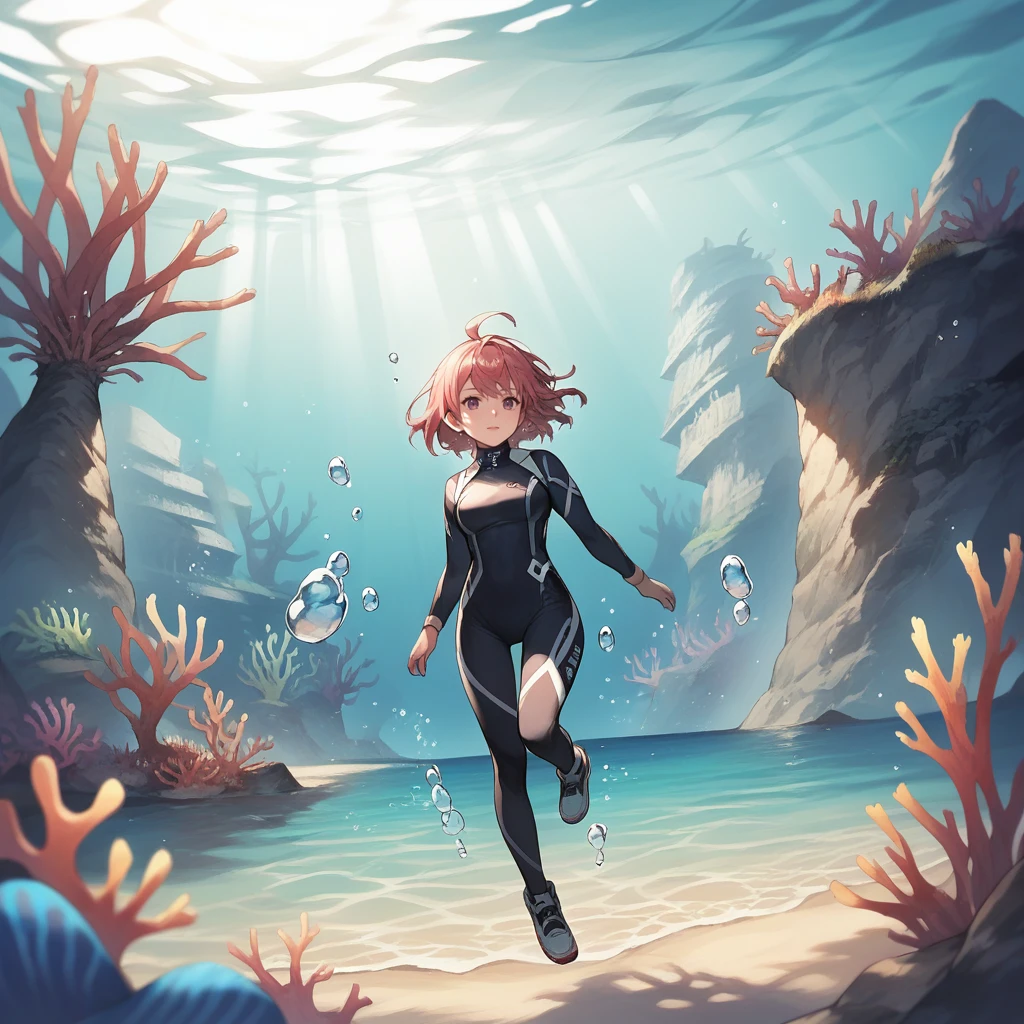 score_9,score_8_up,score_7_up,score_6_up,source_anime,rating_safe, 1girl, wetsuit, swimming, bubbles, <lora:Underwater:0.8> Underwat3r, underwater, submerged, ocean, coral,  sand, sunlight, god rays,, zPDXL2,