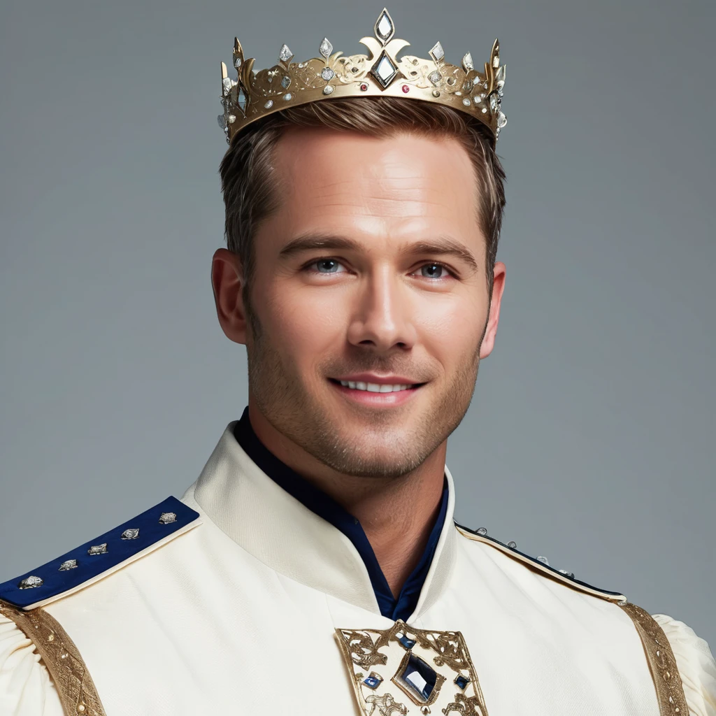 concept art half body photo of l4k3m4c a man, (Skin texture),High quality,Closeup face portrait photo, analog, film grain, dressed as a medieval prince with a delicate diamond tiara,regal, bright smile,looking at the viewer,  <lora:lukemacfarlane:1> . digital artwork, illustrative, painterly, matte painting, highly detailed