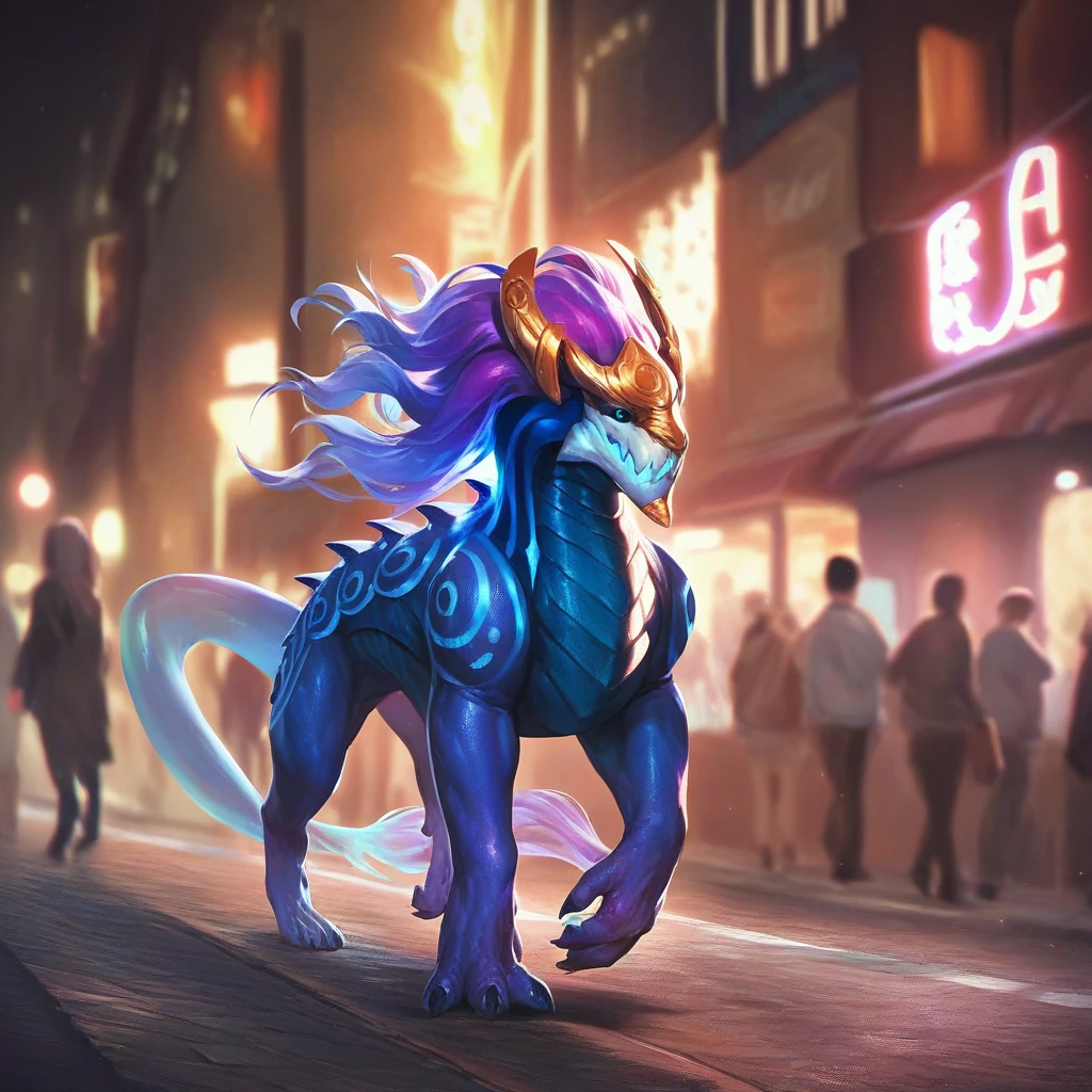 score_9, score_8_up, score_7_up, score_6_up, score_5_up, eastern dragon, aurelionsol, [realistic, hair, headgear, feral, muscular], solo focus, looking at viewer, black sclera, walking, tail, street, outside, night, neon lights, buildings, detailed, crowd