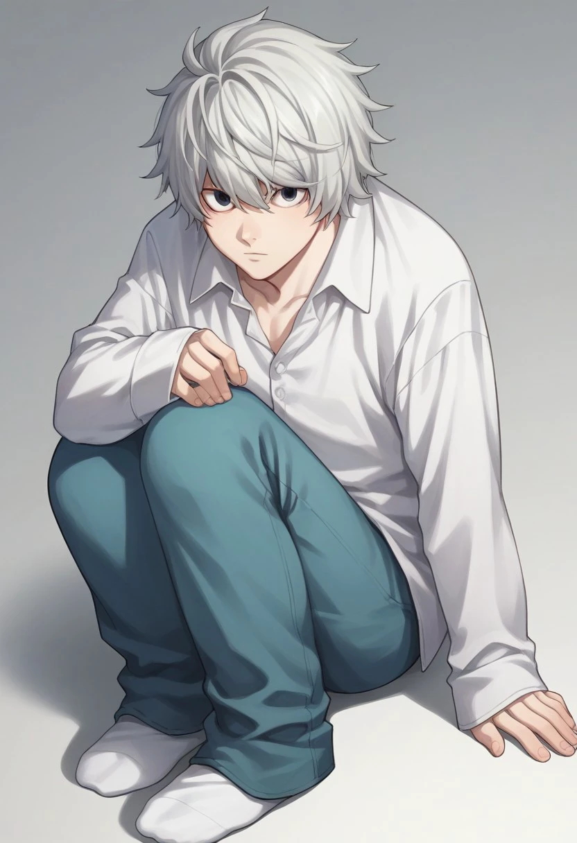 score_9, score_8_up, score_7_up, source_anime, highly detailed, 
near_dn, 1boy, solo, male focus, white hair,  black eyes, sitting, looking at viewer, shirt, white shirt, long sleeves, pants, blue pants, socks, white socks, pale skin,
indoor