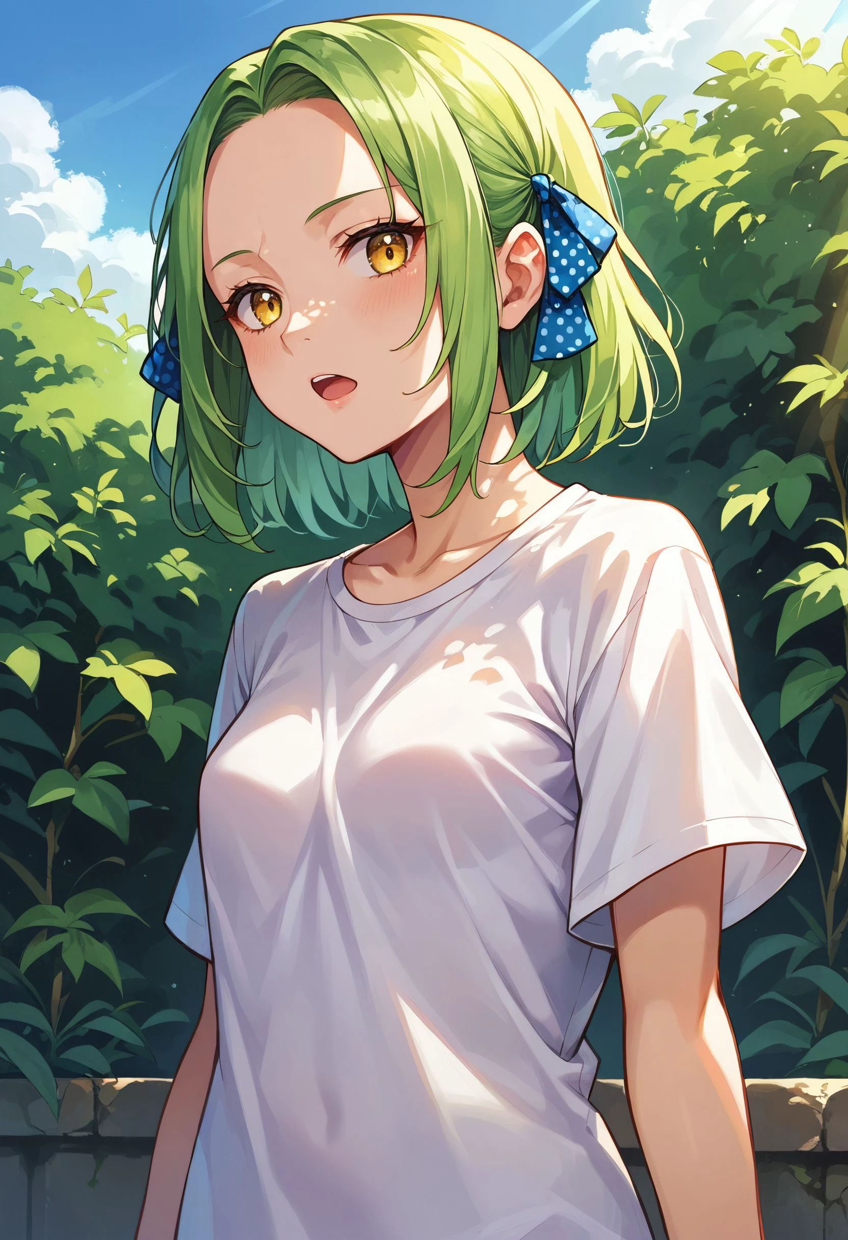 score_9,score_8_up,score_7_up,score_6_up, source_anime<lora:breasts_size_slider_pdxl_goofy:1> 1girl,  breasts, dappled sunlight,  forehead, green hair, hair ribbon, small breasts, medium hair, open mouth, outdoors, polka dot, polka dot ribbon, ribbon, shirt, solo, sunlight, t-shirt, white shirt, yellow eyes