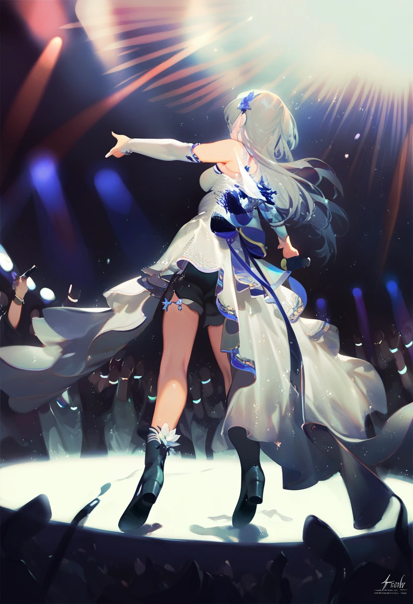 score_9, score_8_up, score_7_up, score_6_up <lora:reiXL_AutC_lokr_V43P1:0.95> 1girl, long hair, microphone, holding microphone, audience, hair ornament, holding, virtual youtuber, concert, shorts, detached sleeves, black footwear, ass, stage, glowstick, dress, solo, high heels, black shorts, flower, full body, boots, multicolored hair, bare shoulders, grey hair, stage lights, solo focus, from behind, idol, hair flower, breasts, blue flower, music, long sleeves, white dress, blue hair, crowd, white hair