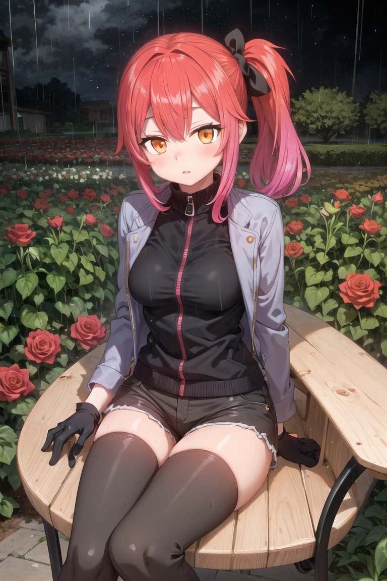 (masterpiece, top quality, best quality:1.3), (photorealistic:1.2),
1girl, solo, blush, skirt, thighhighs, gloves, bow, closed mouth, jacket, yellow eyes, medium breasts, pink hair, hair bow, red hair, multicolored hair, (night rose garden, rain, sitting on round chair:1.3), parted lips, black gloves, black thighhighs, (spread legs:1.05), side ponytail, open jacket, orange eyes, black bow, gradient hair, one side up, jitome, grey jacket, puffy black shorts,
<lora:sumiyao-10:0.7:lbw=ALL>