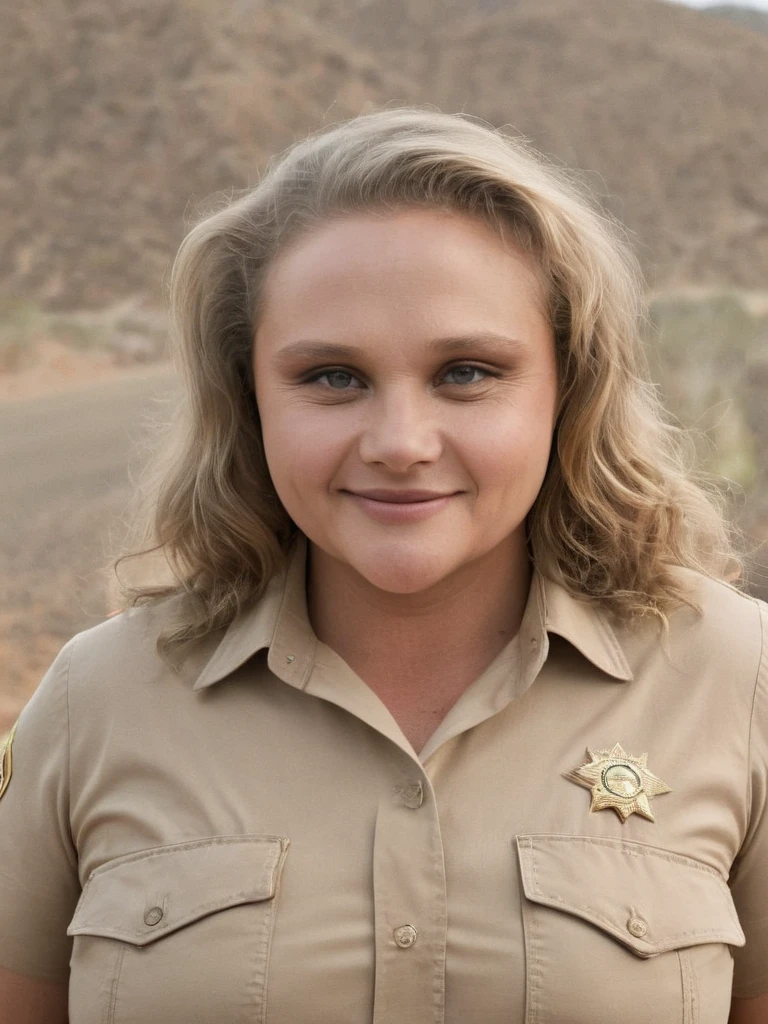 Maggie Gyllenhaal portrait, wavy hair, smiling a camera wearing a tan police uniform, desert scene with cop car parked on highway in the background, shirt unbutton and cleavage showing, teeth showing, detailed eyes and face