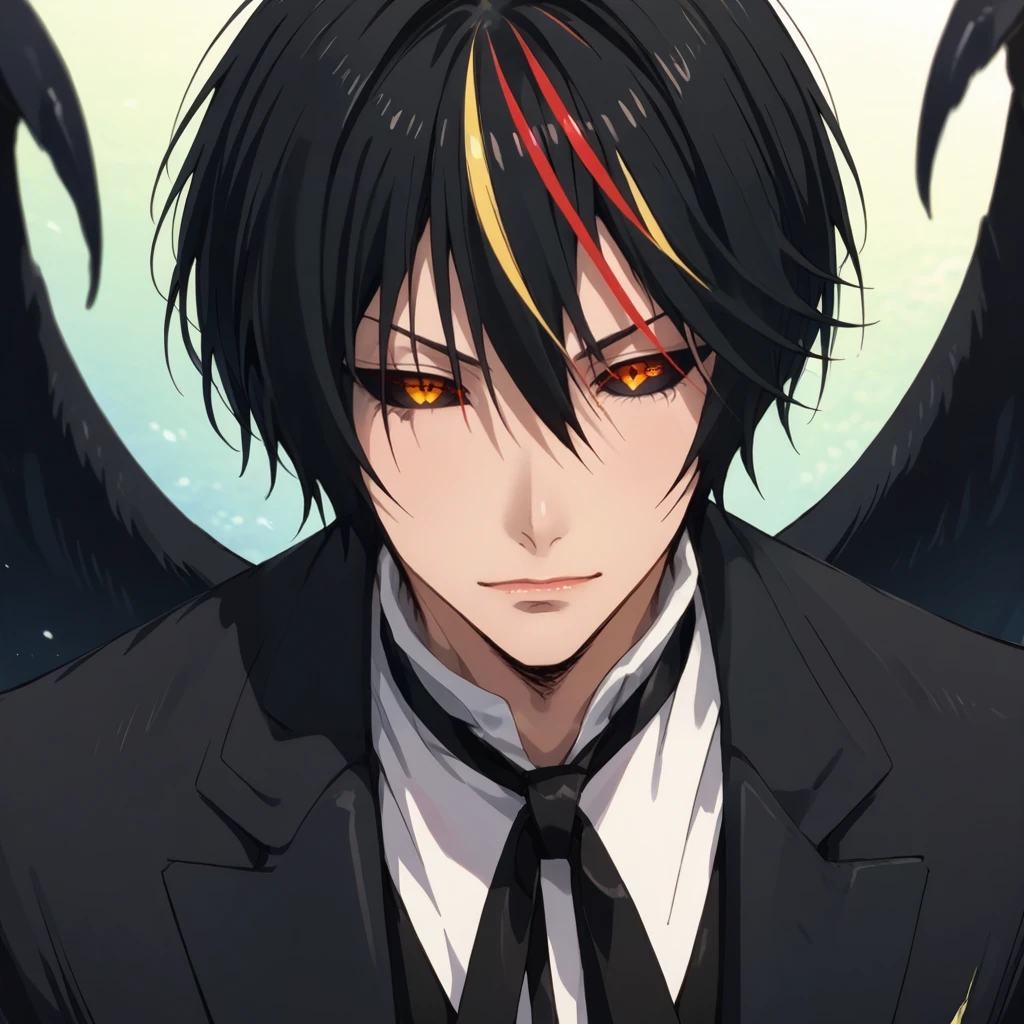 score_9, score_8,  score_7, score_6_up, score_5_up, from above, 1boy, male focus, solo, black hair, streaked hair, black sclera, multicolored hair, formal, suit, red hair, blonde hair, looking at viewer, shirt, necktie, white shirt, collared shirt, yellow eyes, black jacket, chain, gloves, pants, white gloves, wings, detailed eyes, (((close portrait, face focus))).
<lora:Sinozick_Style_XL_Pony:0.2>,  <lora:DefaultZ17:0.2>,  <lora:style1:0.2>, <lora:flyx3_XL_PONY:0.2> <lora:pixivtext2:0.2>, <lora:K3R4X_Portraits:0.45>, <lora:Noir-Diablo-Pony:1> noirdiablo,