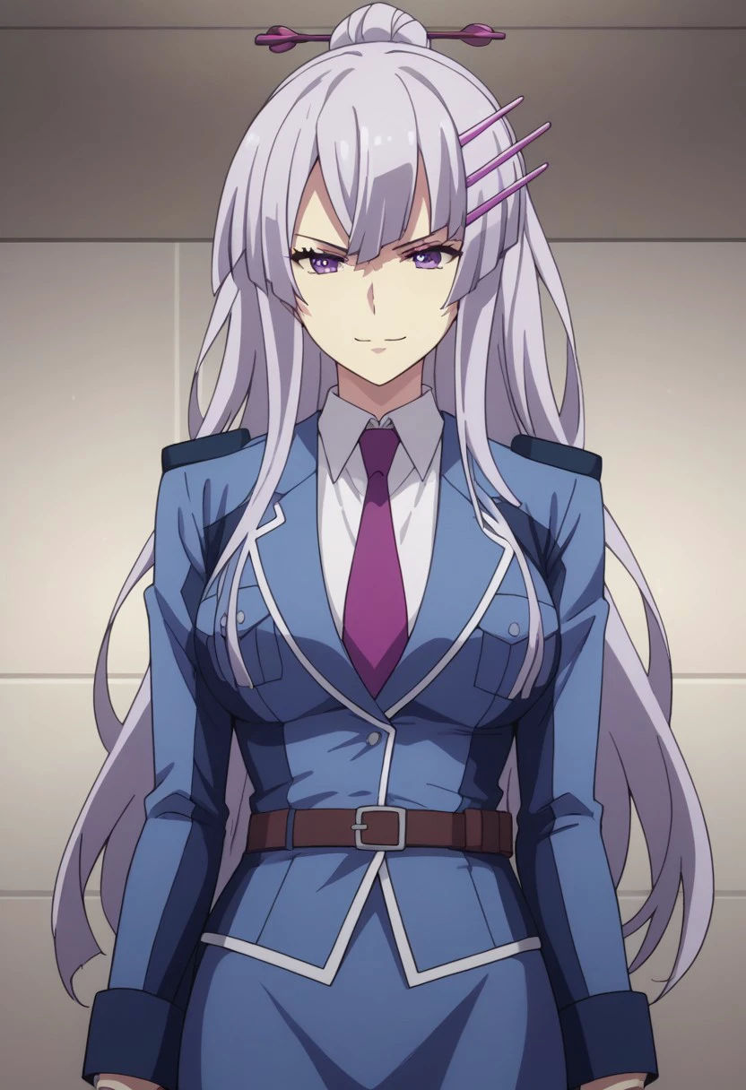 score_9, score_8_up, score_7_up, source_anime, highly detailed, 
Froleytia, 1girl, solo, necktie, standing, skirt, belt, collared shirt, long hair, hair ornament, shirt, purple necktie, bangs, blue skirt, closed mouth, jacket, looking at viewer, long sleeves, purple eyes, blue jacket, upper body, breasts,  smirk,
indoor,