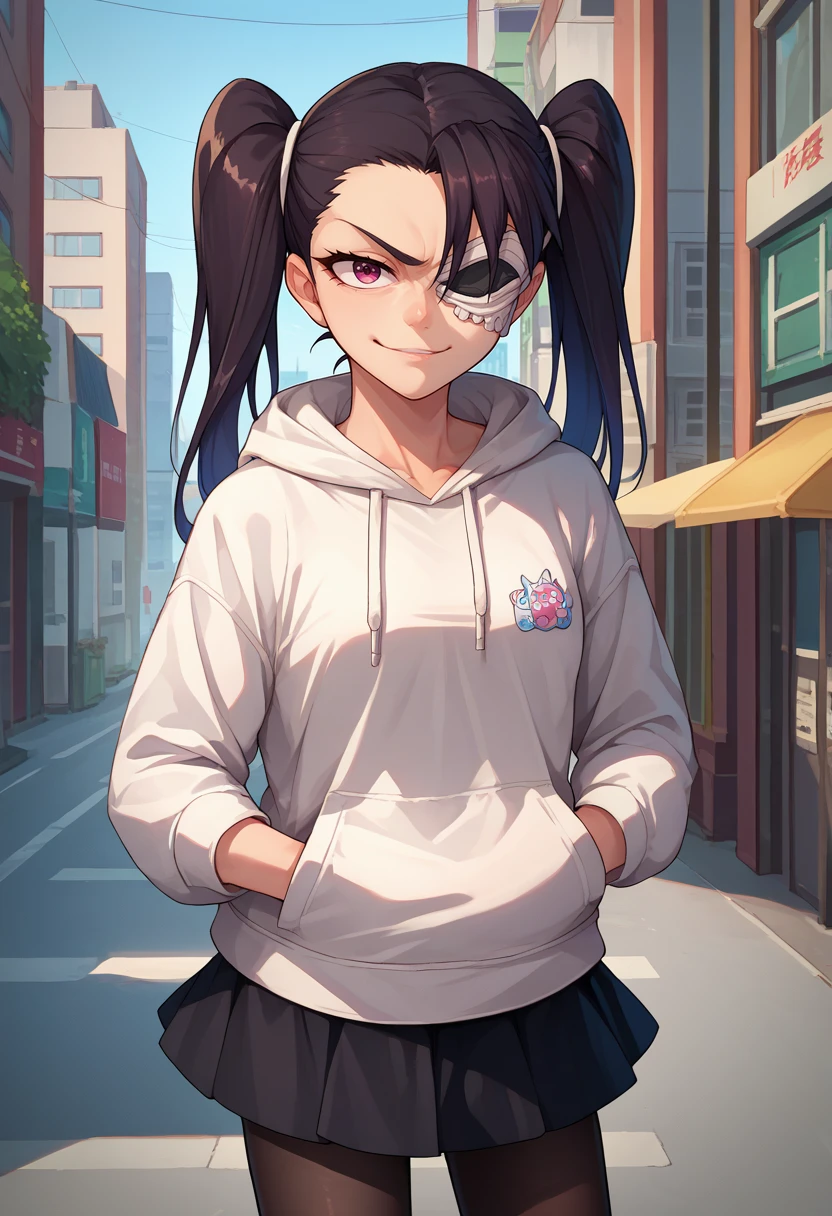 score_9, score_8_up, score_7_up, source_anime, solo, 1girl, aivirrne, smug, looking at viewer, standing, hands in pockets, twintails, eyepatch, white hoodie, black skirt, black pantyhose, outdoors, city street <lora:bleach_lolyaivirrne_ponyXL:1>