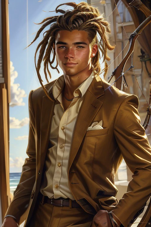 (masterpiece), best quality, expressive eyes, perfect face, 1boy, 19 year old wind mage archer, Southern white American, short light brown dreads, realistic style, sunburned, handsome, Cleaned up after a great grooming session, dressed in brown suit and white shirt, looking dapper, at an upscale event