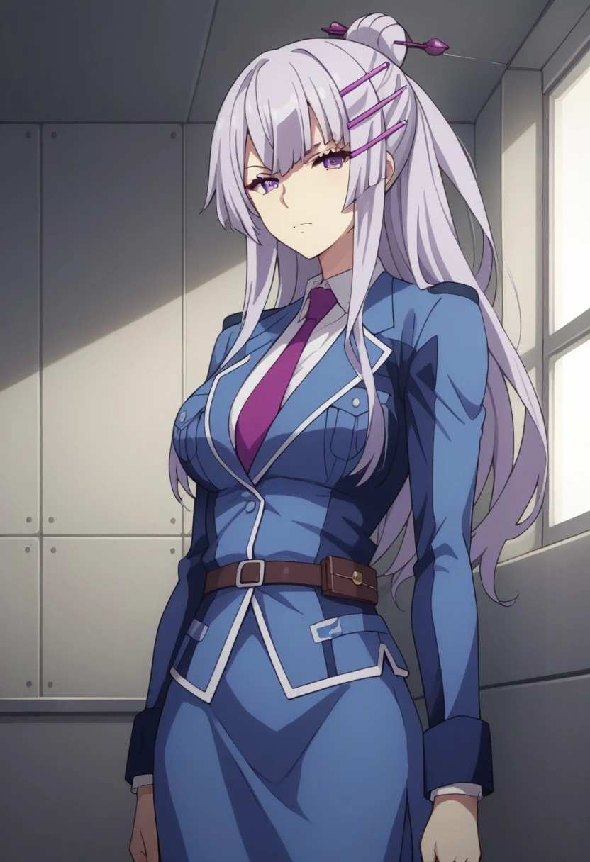 score_9, score_8_up, score_7_up, source_anime, highly detailed, 
Froleytia, 1girl, solo, necktie, standing, skirt, belt, collared shirt, long hair, hair ornament, shirt, purple necktie, bangs, blue skirt, closed mouth, jacket, looking at viewer, long sleeves, purple eyes, blue jacket, upper body, breasts, 
indoor,