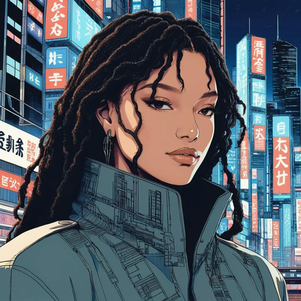 ((90s Anime style illustrattion)) drawing of a closeup on face of woman wearing a long matrix coat,futuristic city in the background, akira, 2D,  halxbailey,   <lora:halbailey_juggerX_xl_1_st_woc_merger_50_127_03_07-halxbailey:1>