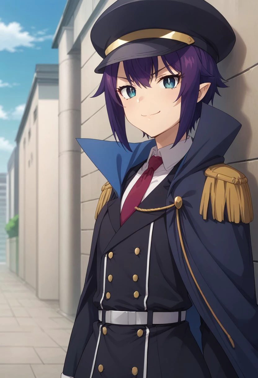 score_9, score_8_up, score_7_up, source_anime, highly detailed, 
saurva, 1girl, solo, necktie, hat, pointy ears, short hair, smile, looking at viewer, purple hair, uniform, epaulettes, red necktie, closed mouth, military,
military uniform, shirt, black headwear, upper body, white shirt, blue eyes,
military hat, peaked cap, collared shirt, cape, bangs, black jacket,
outdoor,