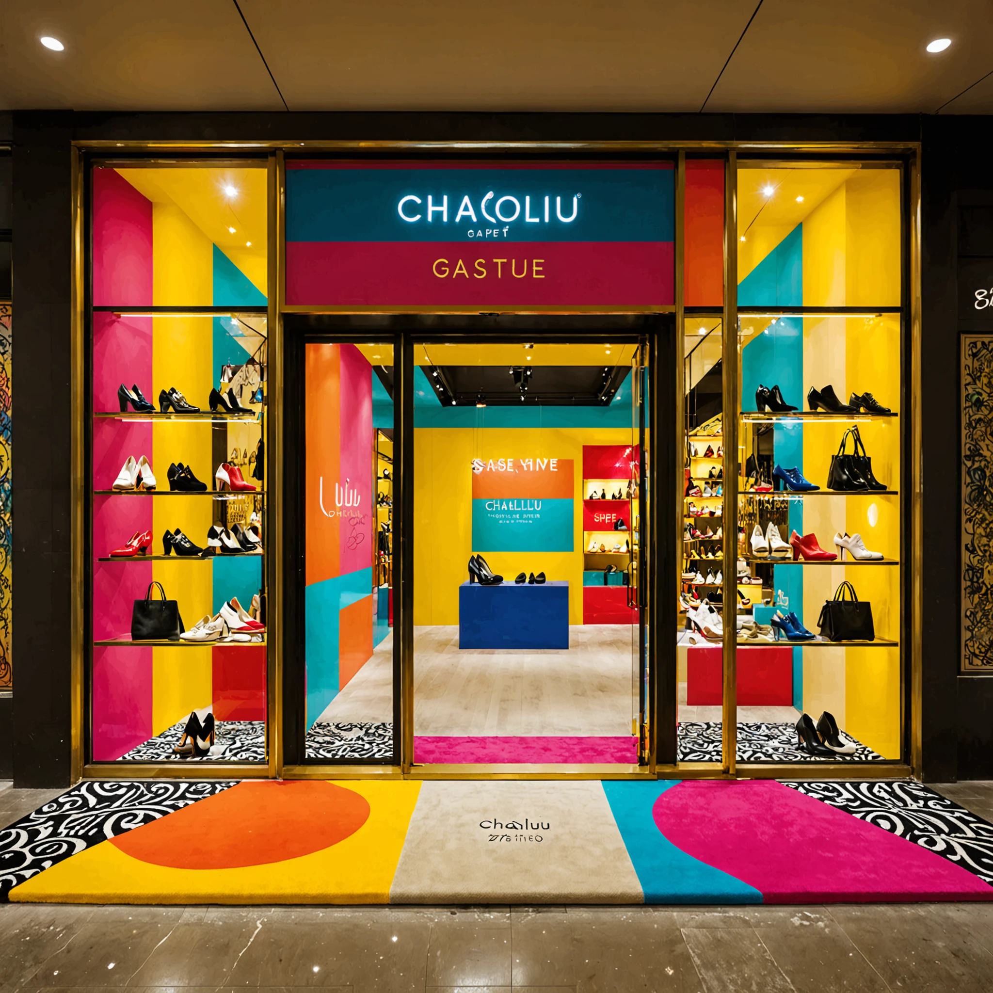 <lora:storefront_XL:0.7>,storefront,best qualtiy,masterpiece,shoe store,luxury goods,chaoliu fashion,youthful vitality,exaggerated color decoration,art installation,graffiti carpet at the door,