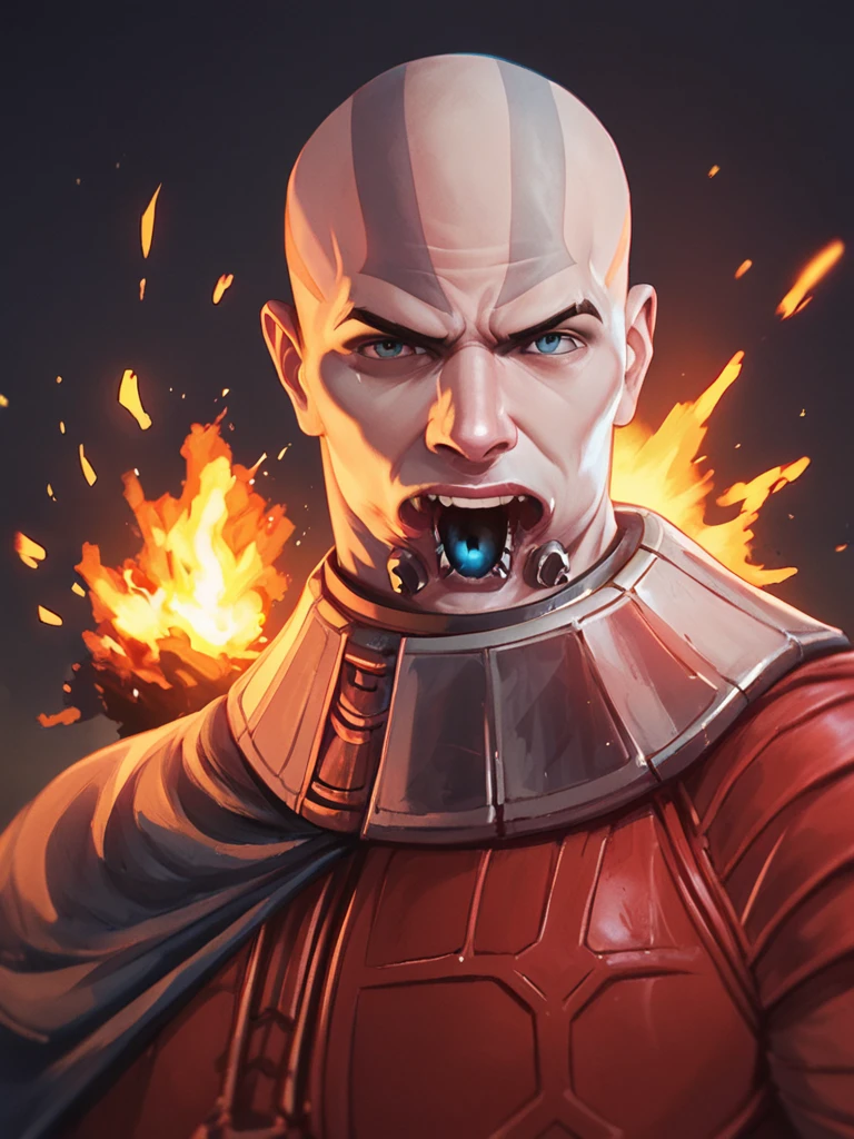 score_9, score_8_up, score_7_up, man, solo, darthmalak, (((lower_jaw_missing))), head tattoo, bald, red armor, cape, clenched fist, looking at viewer, dark background, explosion,