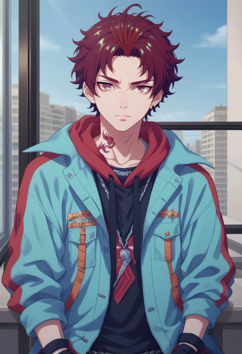 score_9, score_8_up, score_7_up, source_anime, highly detailed, 
allen, 1boy, male focus, solo, jacket shoes, pants, fingerless gloves, hood, jewelry,
contemporary, gloves, hoodie, earrings, red hair, multicolored hair, looking at viewer, red eyes, drawstring,tattoo, neck tattoo, black gloves, blue jacket, short hair, hood down, alternate costume, upper body,
indoor,