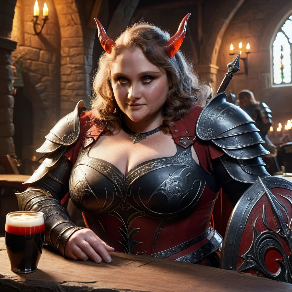 ((Maggie Gyllenhaal)), (chubby:1.4), wavy back, score_7_up, 1girl, Tiefling, pointed ears, horns, colored sclera, yellow eyes, tail, (red skin:1.5), black curly hair, ponytail, long hair, paladin, (heavy armor), in fantasy tavern, sitting, medieval mug, slight smile