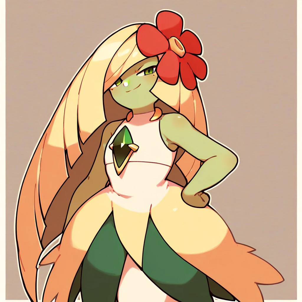 score_9,score_8_up,score_7_up,score_6_up,score_5_up,score_4_up, 1girl, solo, lusamine, long hair, blonde hair, green eyes, white dress, sleeveless, sleeveless dress, no humans, Pokemon (creature), red flower, hair flower, smile, half-closed eyes, smug, hand on hip