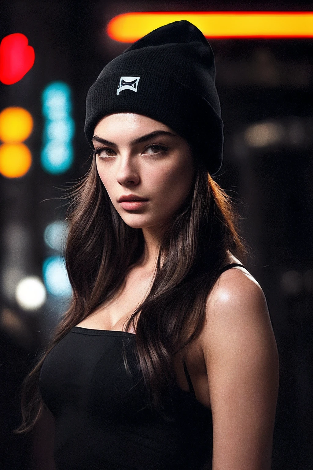 DevaC_SoloTI_v1,
(In a minimalistic, practical outfit with a beanie and round sunglasses, exuding a sense of quiet strength and mystery), (Amidst the gritty streets of New York City, where neon lights and shadows create a symphony of danger and tenderness, a sense of unlikely friendship and hidden depths fills the urban air:1.3), (intense:1.3), (dark, atmospheric setting, close-up, emotional intensity, gripping shot:1.3),
<lora:add_detail:0.6>