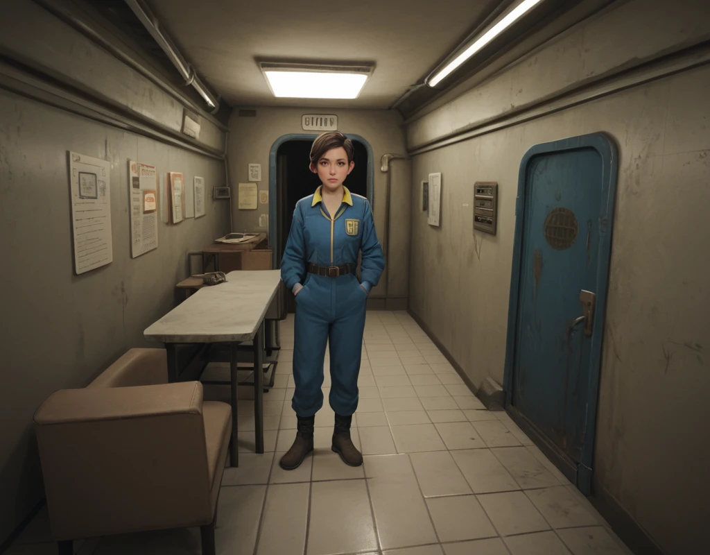 score_9, score_8_up, score_7_up, score_6_up, score_5_up, score_4_up, brown hair, tomboy, round face, puffy eyes, wearing collared jumpsuit, Vault-Tec, Fallout,  bunker, indoors, chair, pocket door, tiles, subway, <lora:Fallout_BG:.7>