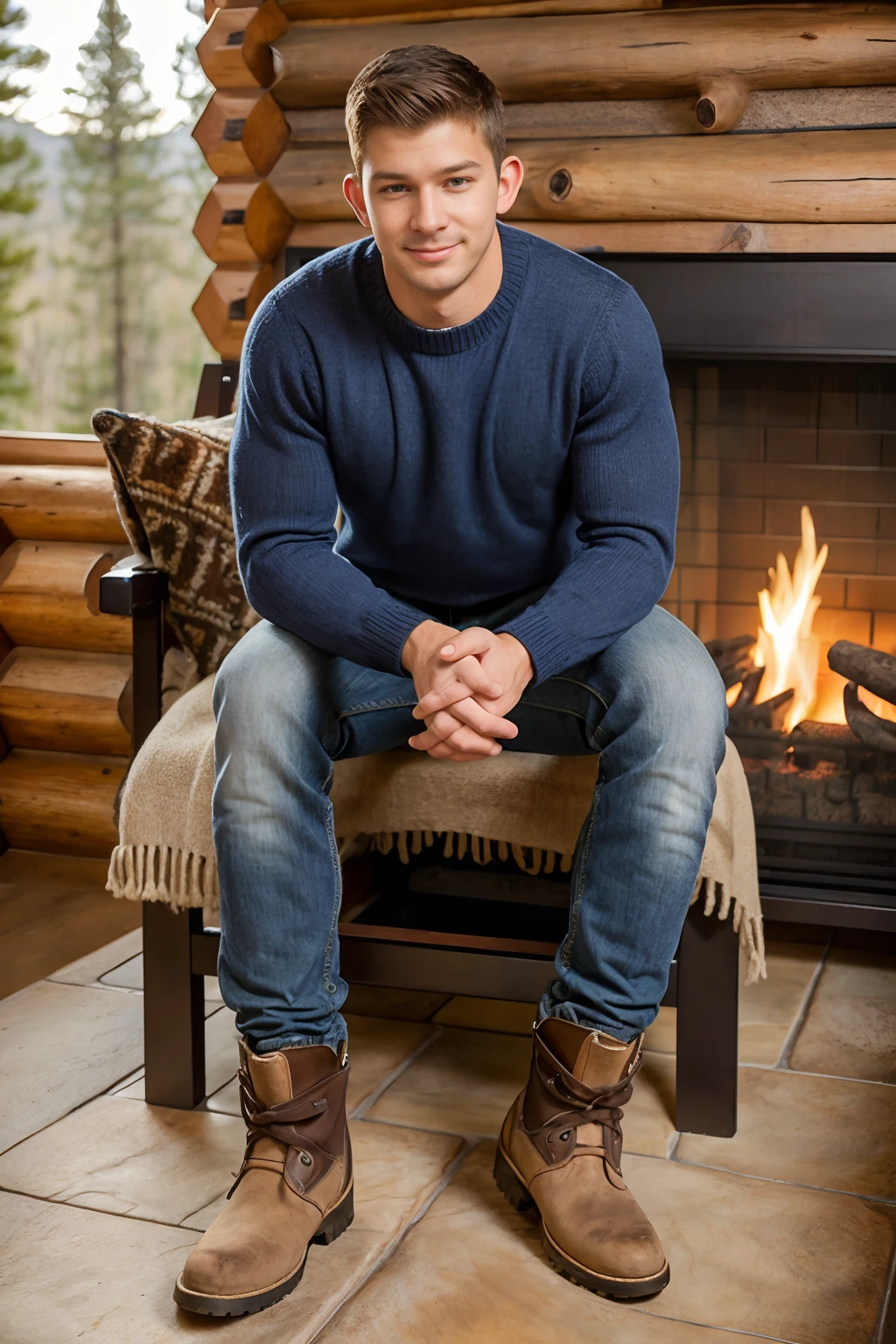 log cabin, sitting on the hearth of a fireplace, NathanStyles, wearing a sweater, blue jeans, hiking boots, loving smile, angelic, (((full body portrait))), wide angle, <lora:NathanStyles:0.8>