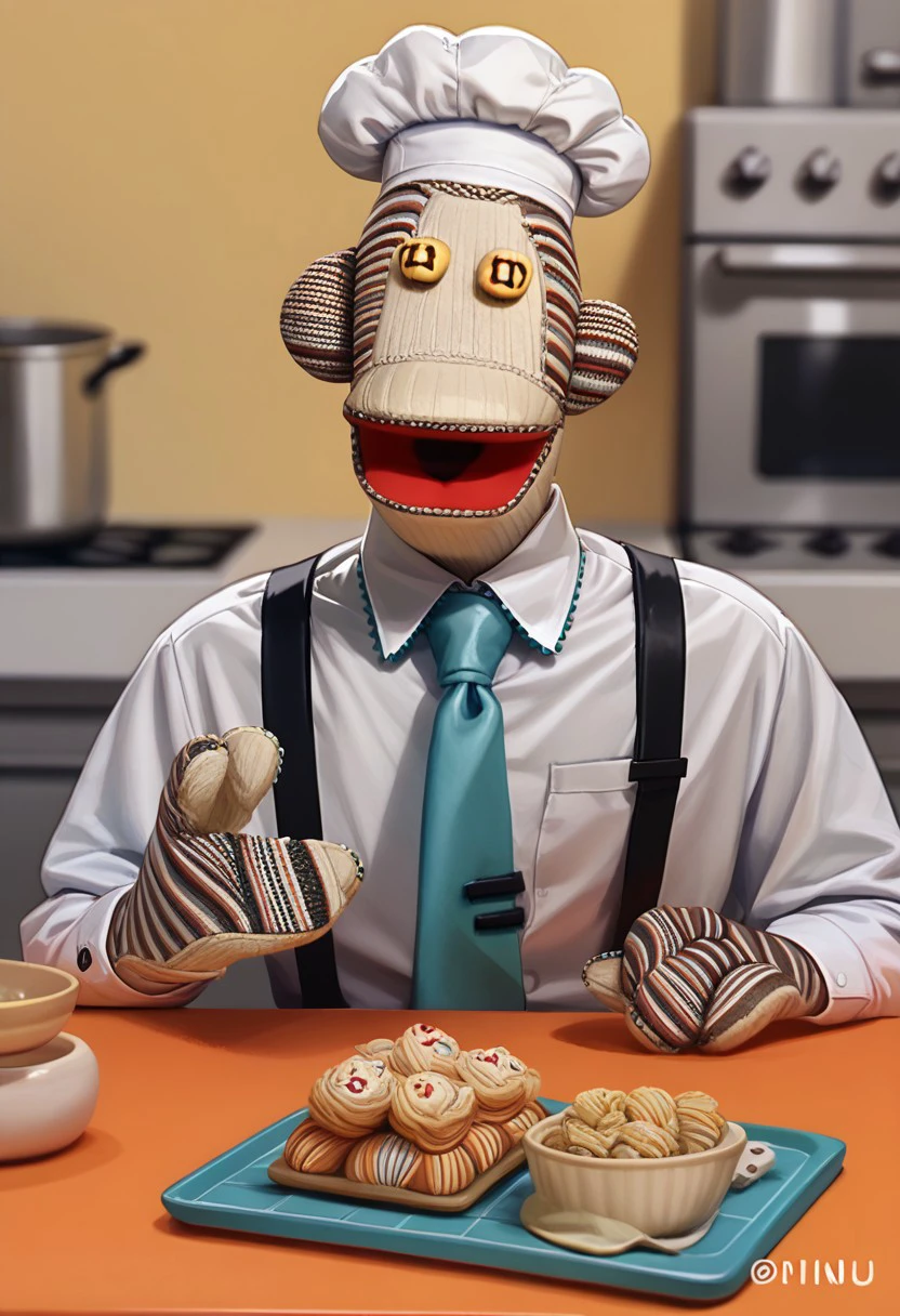 hatsune_miku_\(cosplay\), score_9, score_8_up, score_7_up BREAK Tulio31, 1boy, sockpuppet chimpanzee, yellow button eyes, barefoot, formal suit, tie, white undershirt, beige pants, full body, cooking cupcakes, making sweets, chef hat, happy, smiling, kitchen indoors,