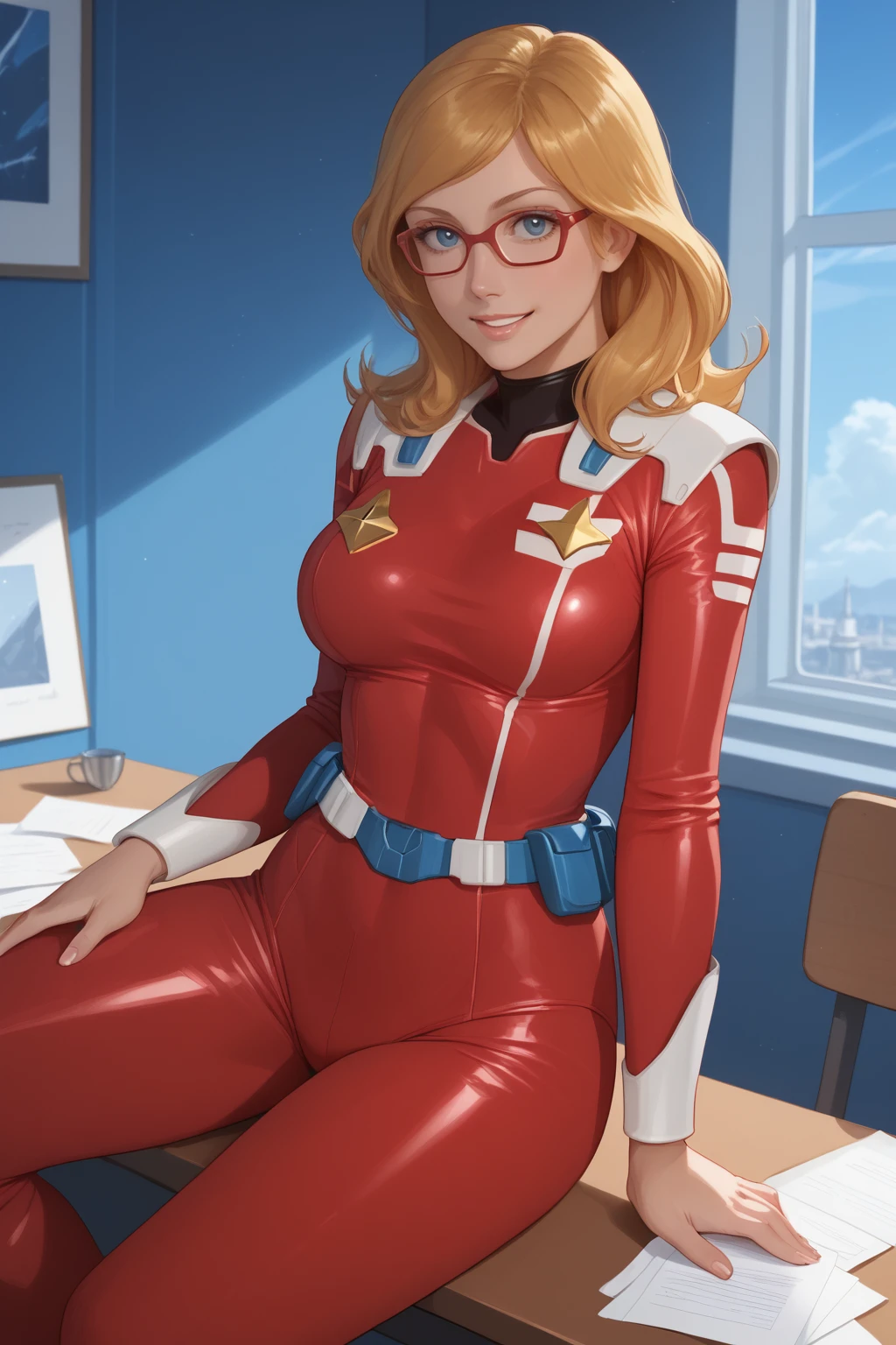 score_9, score_8_up, score_7_up, masterpiece, high quality, BREAK
 <lora:Joan LandorPonyLoRA:0.8>long hair, joanl, bodysuit, belt, sitting behind a desk, holding papers, glasses, spacestation, window, stars (sky), smile
 <