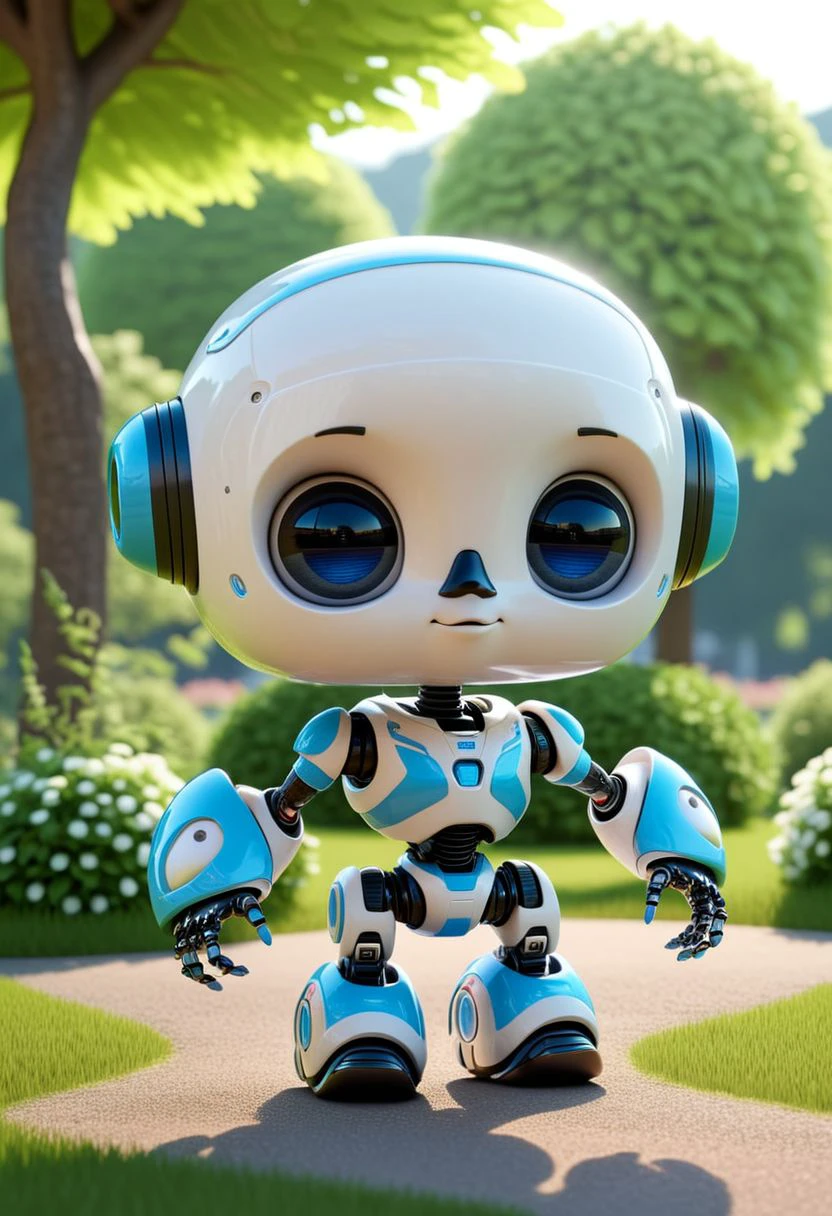 A cute robot in a serene park setting<lora:Cute_Robots:1>, [photography, realistic, photorealistic, 8k, highly detailed, cinematic lighting, intricate details, high resolution, award-winning,   correct focus, realistic, realistic lighting, highly detailed,  masterpiece], [ 3D rendering, 3d style, hyper detailed, octane render, Unreal engine 5, RTX shader, hyper detailed texture with reflection, HDR, ultra realistic, raytracing], 3D toy, standing character, tiny, cute, soft lighting, pastel colors, skottie young, blender, pop surrealism, pbr