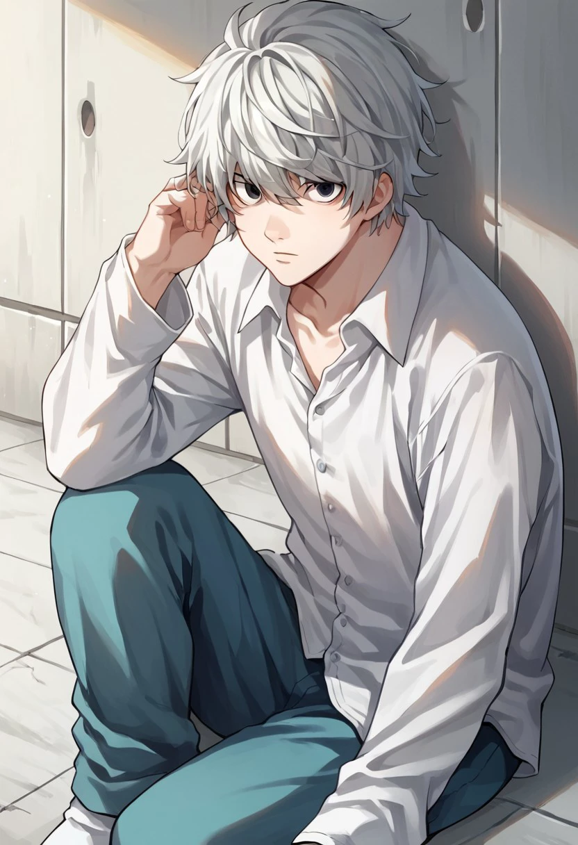 score_9, score_8_up, score_7_up, source_anime, highly detailed, 
near_dn, 1boy, solo, male focus, white hair, white theme, black eyes, sitting, looking at viewer, shirt, white shirt, long sleeves, pants, blue pants, socks, white socks, hand in hair,
indoor,