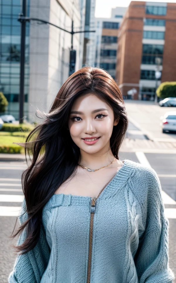 (smiling:1.2),  , (fullbody:1.2),  (realistic), (hyperrealism), (photorealistic:1.4), 1girl,,  looking at the viewer, eye makeup, detailed eyes, detailed face, (upper body:1.2), detailed background, walking at the streets, sunset, (windy:1.2)  z1pp3rsw3at3r,, sleeves past wrists, zipper sweater, Denim jeans <lora:more_details:1> <lora:Ningning_V1:1> Ningning_V1