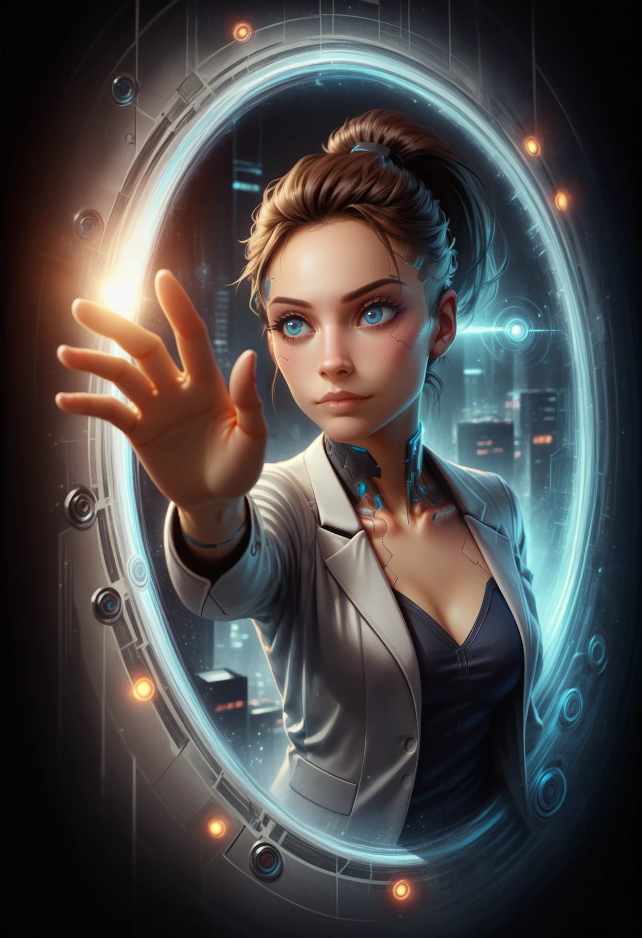 score_9_up, score_8_up, score_7_up, detailed, portal, arm reaching through portal, 1girl, brown ponytail, blue eyes, suit, city, cyberpunk, black background, <lora:ReachingThroughPortal:0.8>