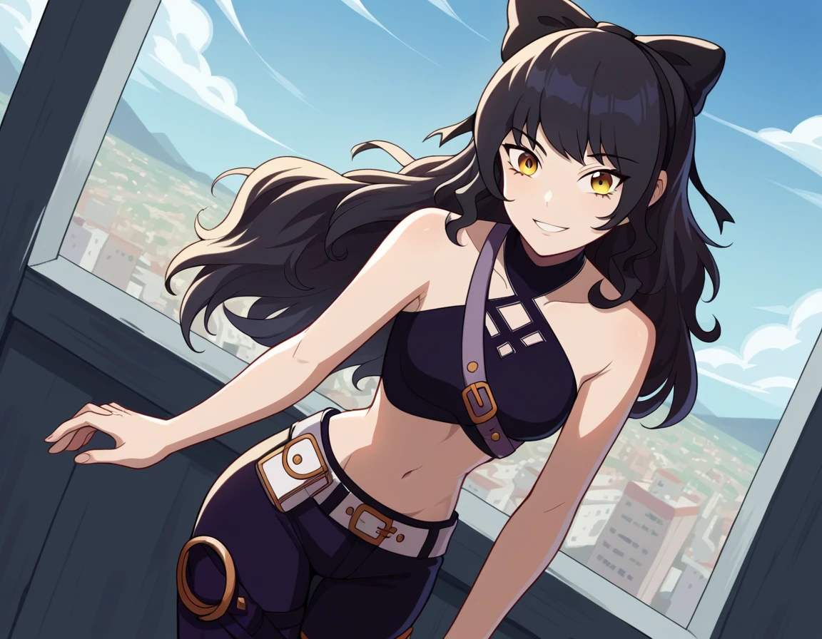 score_9, score_8_up, score_7_up, source_anime, <lora:blake-belladona-ponyxl-lora-nochekaiser:1>, blake, blake belladonna, long hair, black hair, yellow eyes, bow, hair bow, black bow, long hair, bangs,, navel, midriff, belt, halterneck, criss-cross halter, bare shoulders, bare arms, pants, black pants, , cityscape, street, bent over, smile, looking at viewer, solo, cowboy shot, dutch angle
